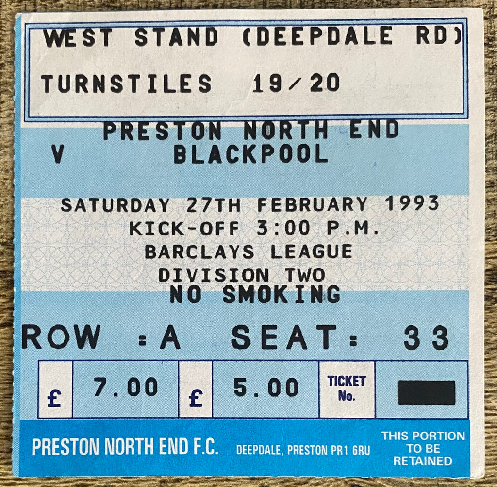 1992/93 ORIGINAL DIVISION 2 TICKET PRESTON NORTH END V BLACKPOOL