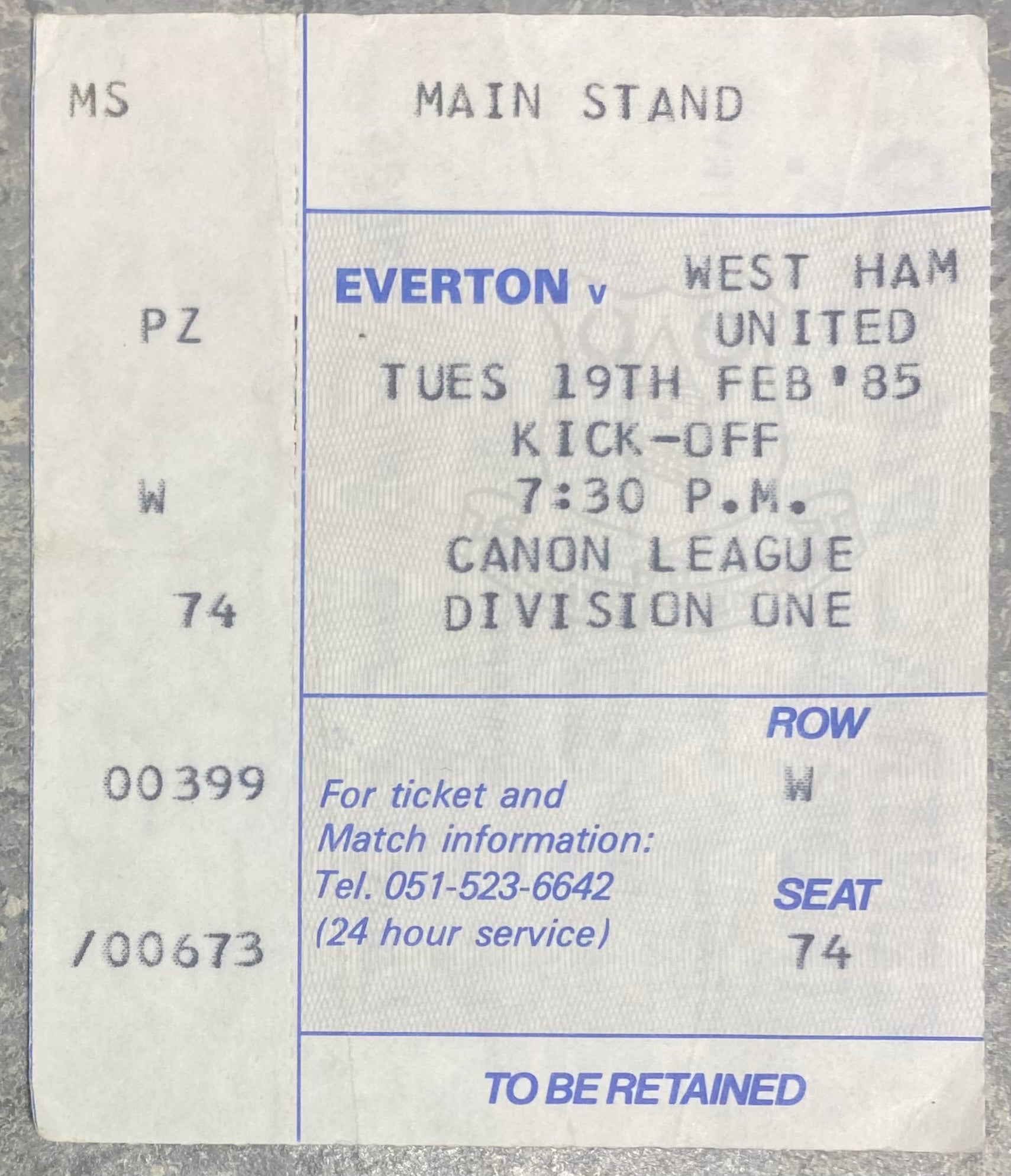 1984/85 ORIGINAL DIVISION ONE TICKET EVERTON V WEST HAM UNITED