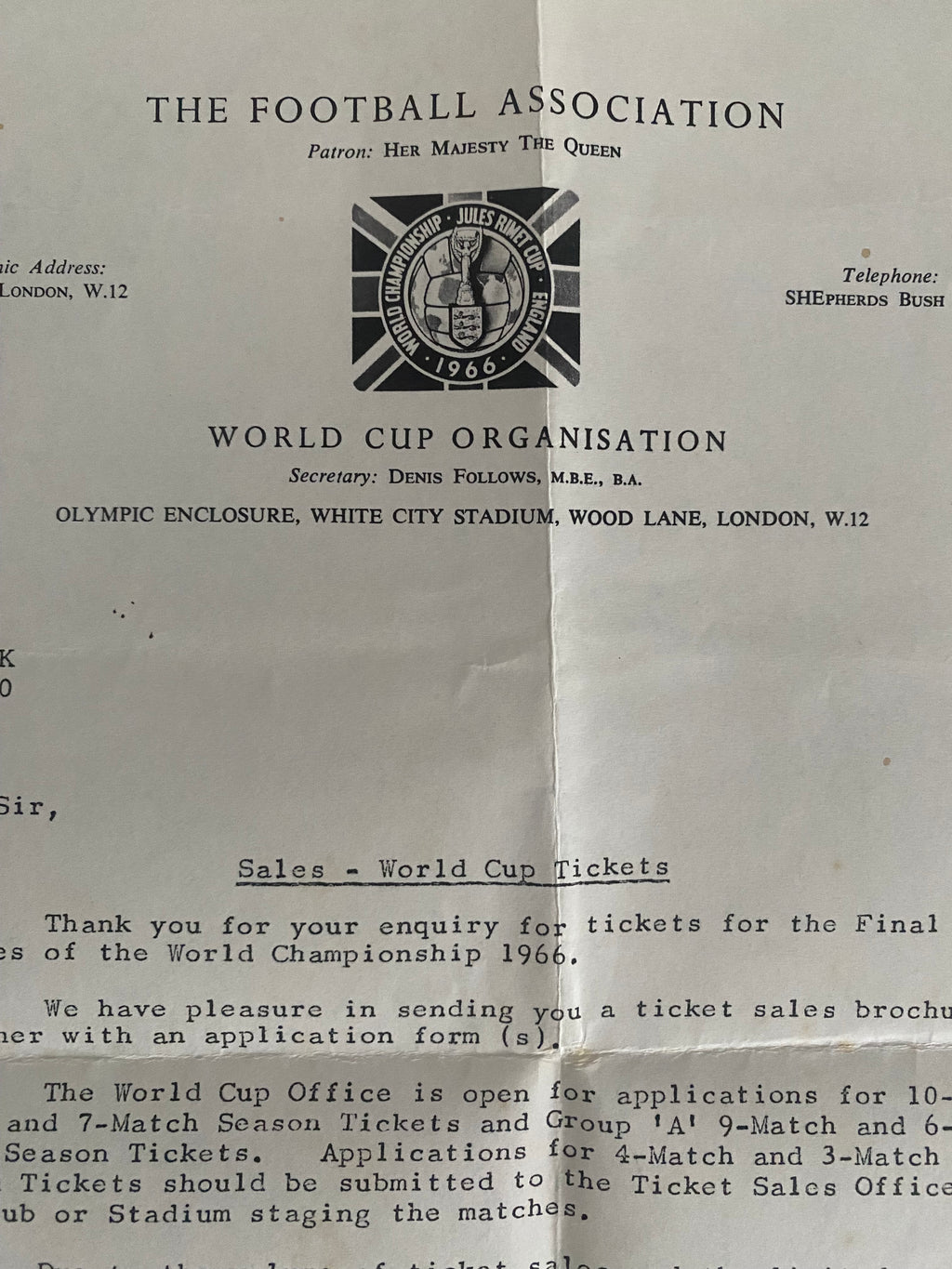 1966 WORLD CUP ORIGINAL OFFICIAL LETTER (WHITE CITY TICKET ENQUIRY) APR 1965