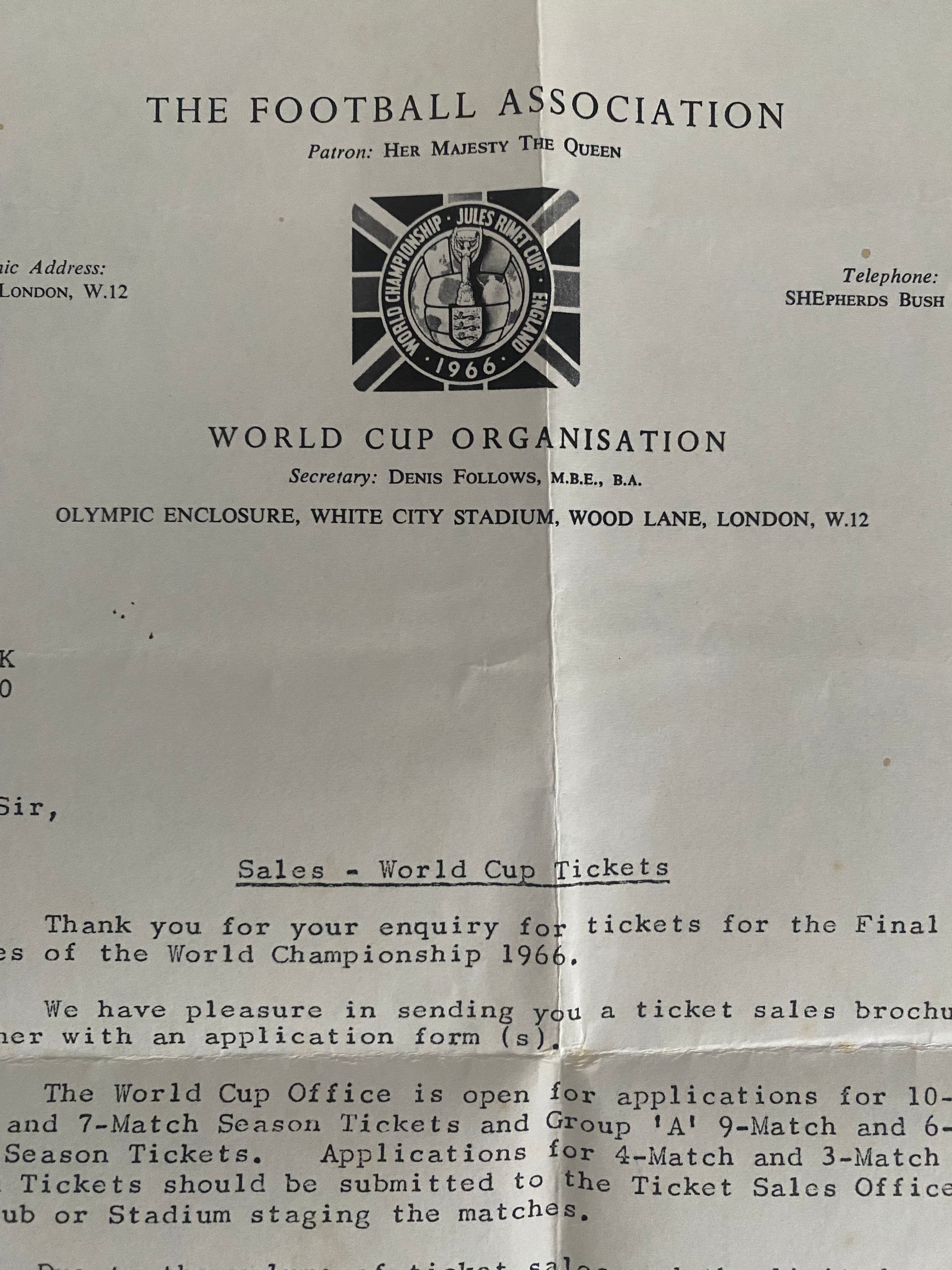 1966 WORLD CUP ORIGINAL OFFICIAL LETTER (WHITE CITY TICKET ENQUIRY) APR 1965