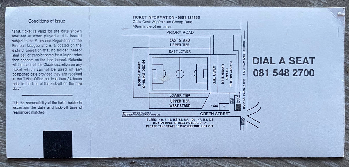 1994/95 ORIGINAL FA PREMIERSHIP UNUSED TICKET WEST HAM UNITED V MANCHESTER UNITED