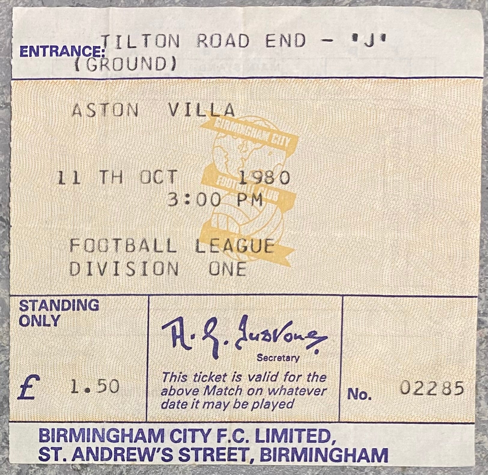 1980/81 ORIGINAL DIVISION 1 TICKET BIRMINGHAM CITY V ASTON VILLA
