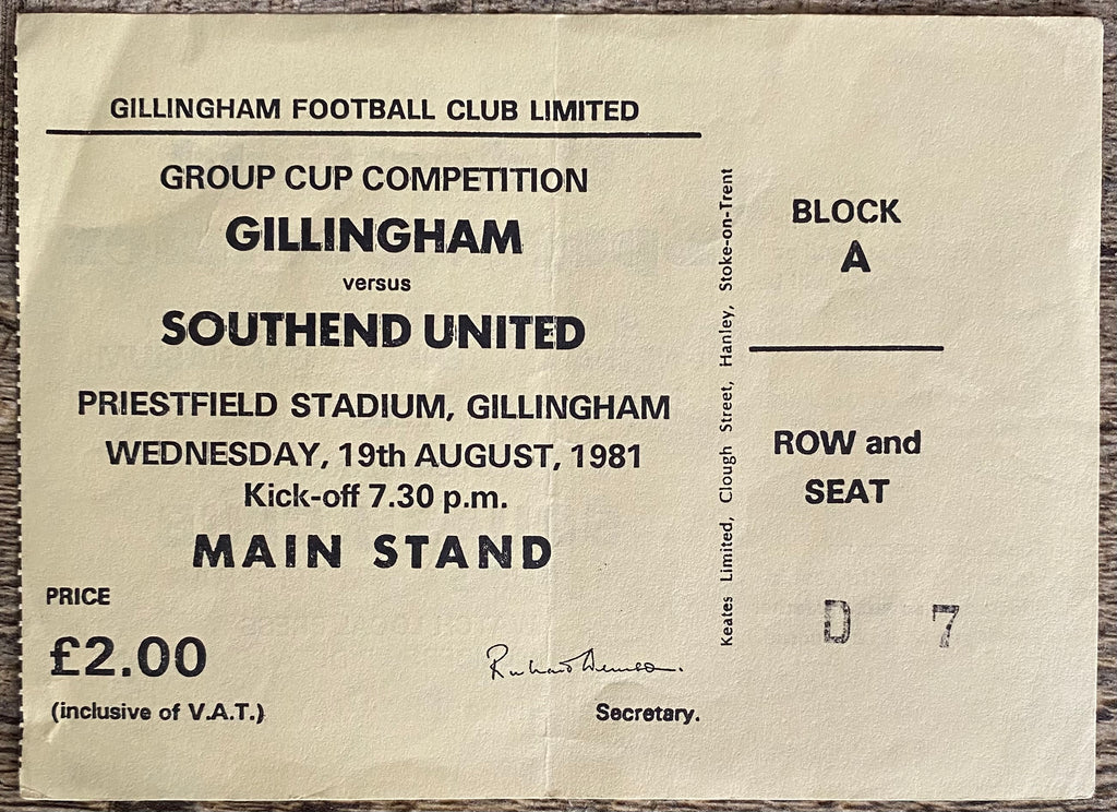 1981/82 ORIGINAL FOOTBALL LEAGUE GROUP CUP TICKET GILLINGHAM V SOUTHEND UNITED