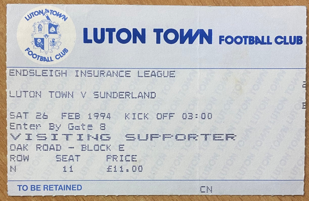 1993/94 ORIGINAL DIVISION 1 TICKET LUTON TOWN V SUNDERLAND
