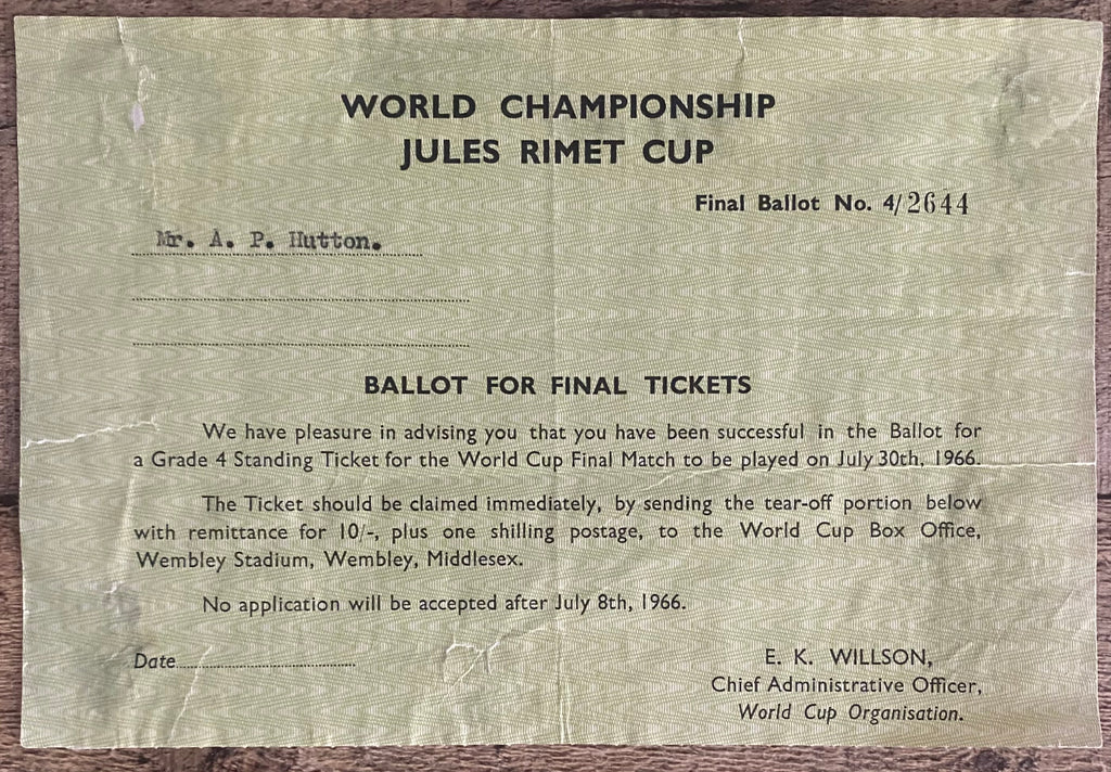 1966 WORLD CUP ORIGINAL OFFICIAL APPLICATION BALLOT SLIP FOR FINAL TICKET