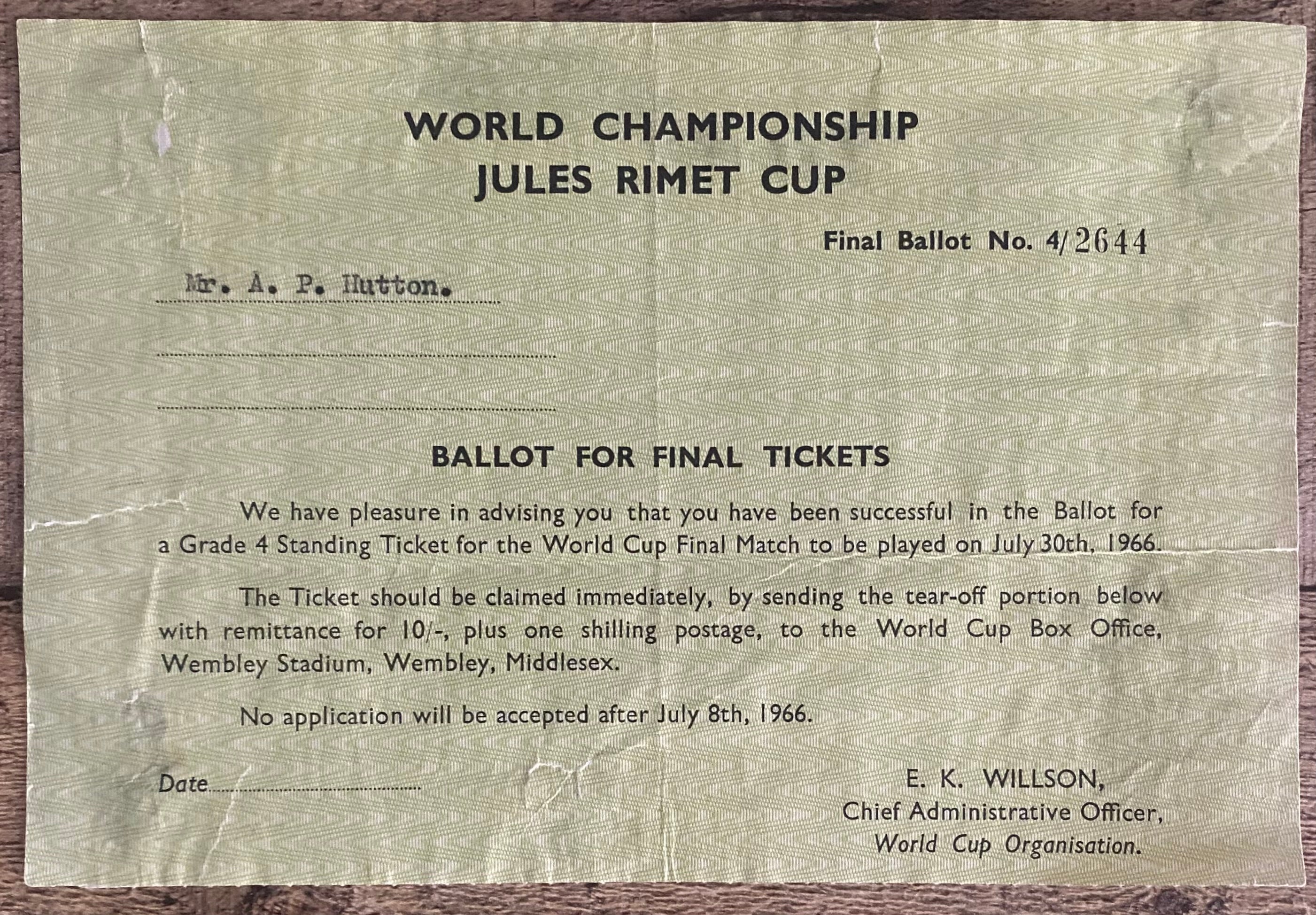1966 WORLD CUP ORIGINAL OFFICIAL APPLICATION BALLOT SLIP FOR FINAL TICKET