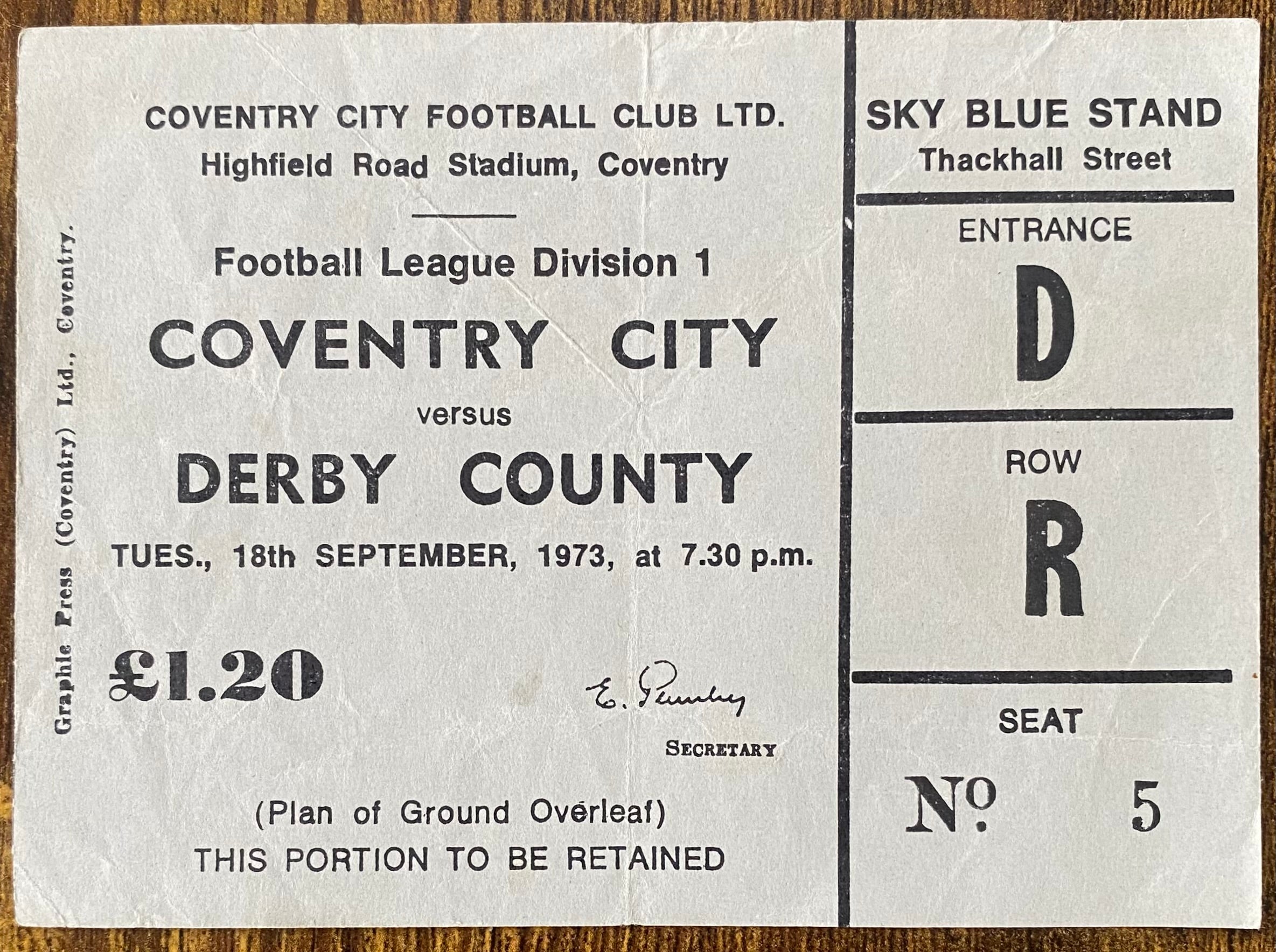 1973/74 ORIGINAL DIVISION 1 TICKET COVENTRY CITY V DERBY COUNTY
