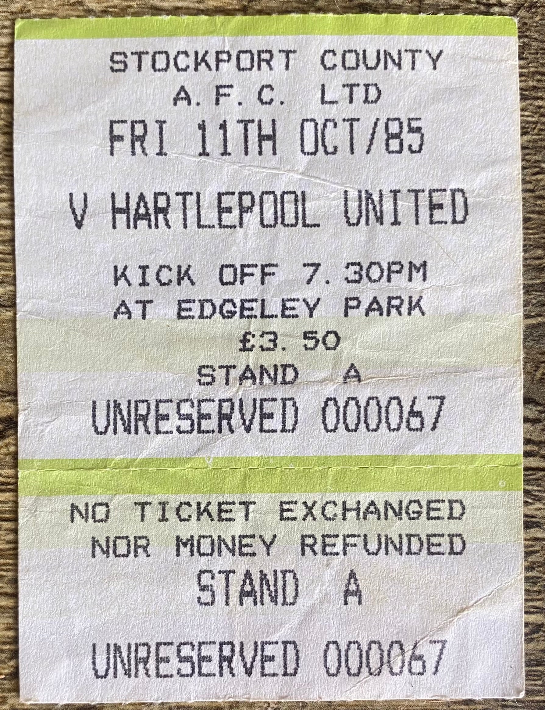 1985/86 ORIGINAL DIVISION 4 TICKET STOCKPORT COUNTY V HARTLEPOOL UNITED