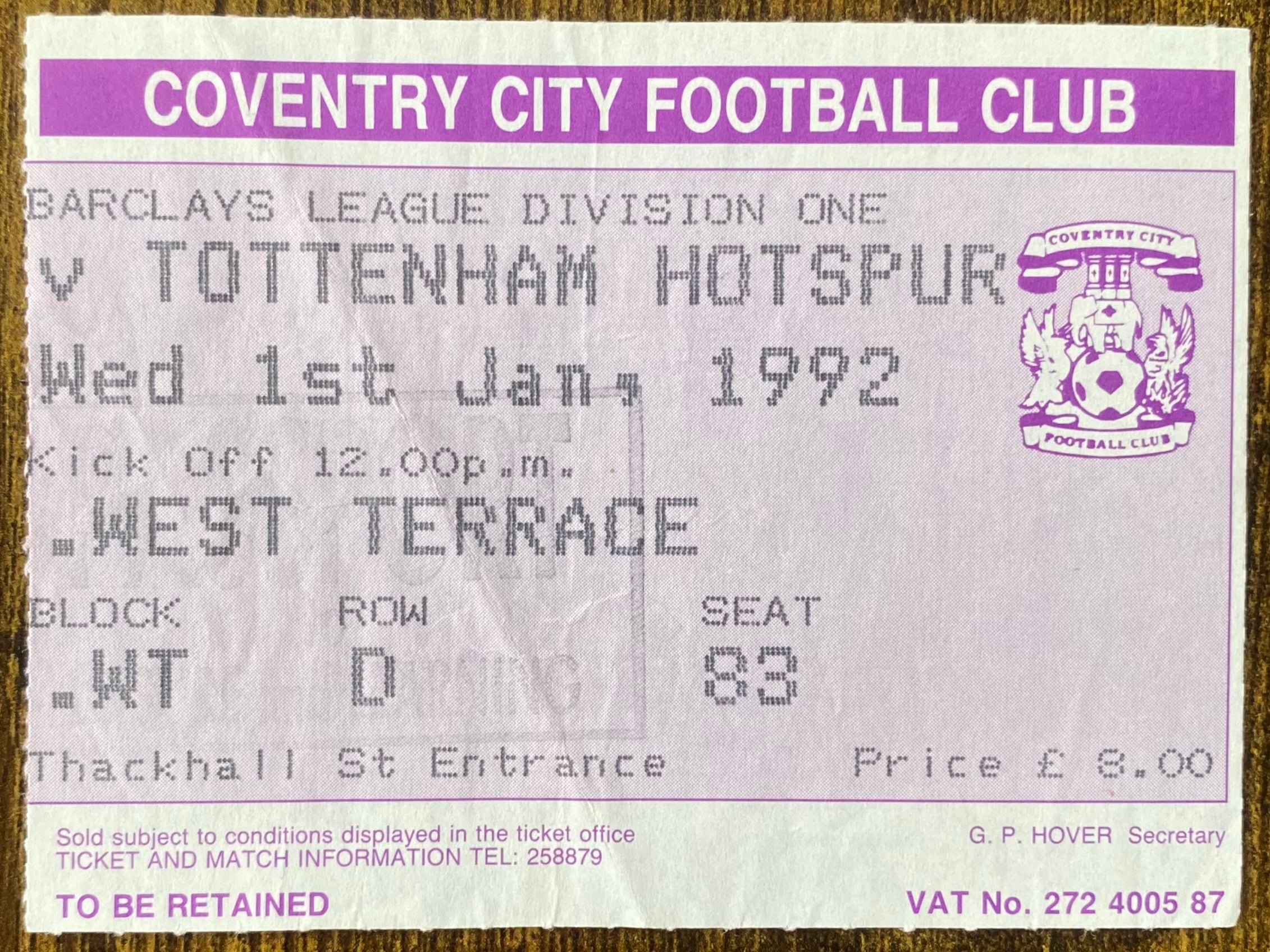 1991/92 ORIGINAL DIVISION 1 TICKET COVENTRY CITY V TOTTENHAM HOTSPUR