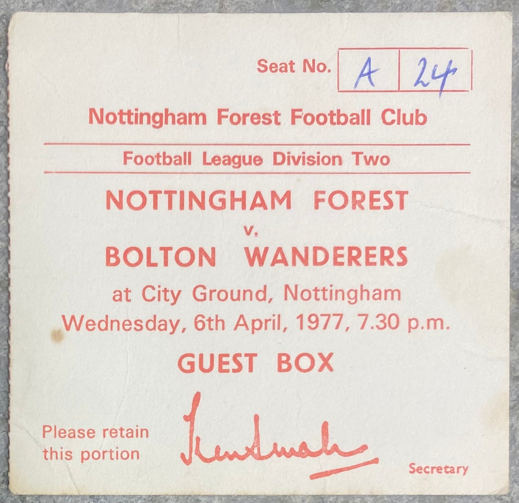 1976/77 ORIGINAL DIVISION 2 TICKET NOTTINGHAM FOREST V BOLTON WANDERERS