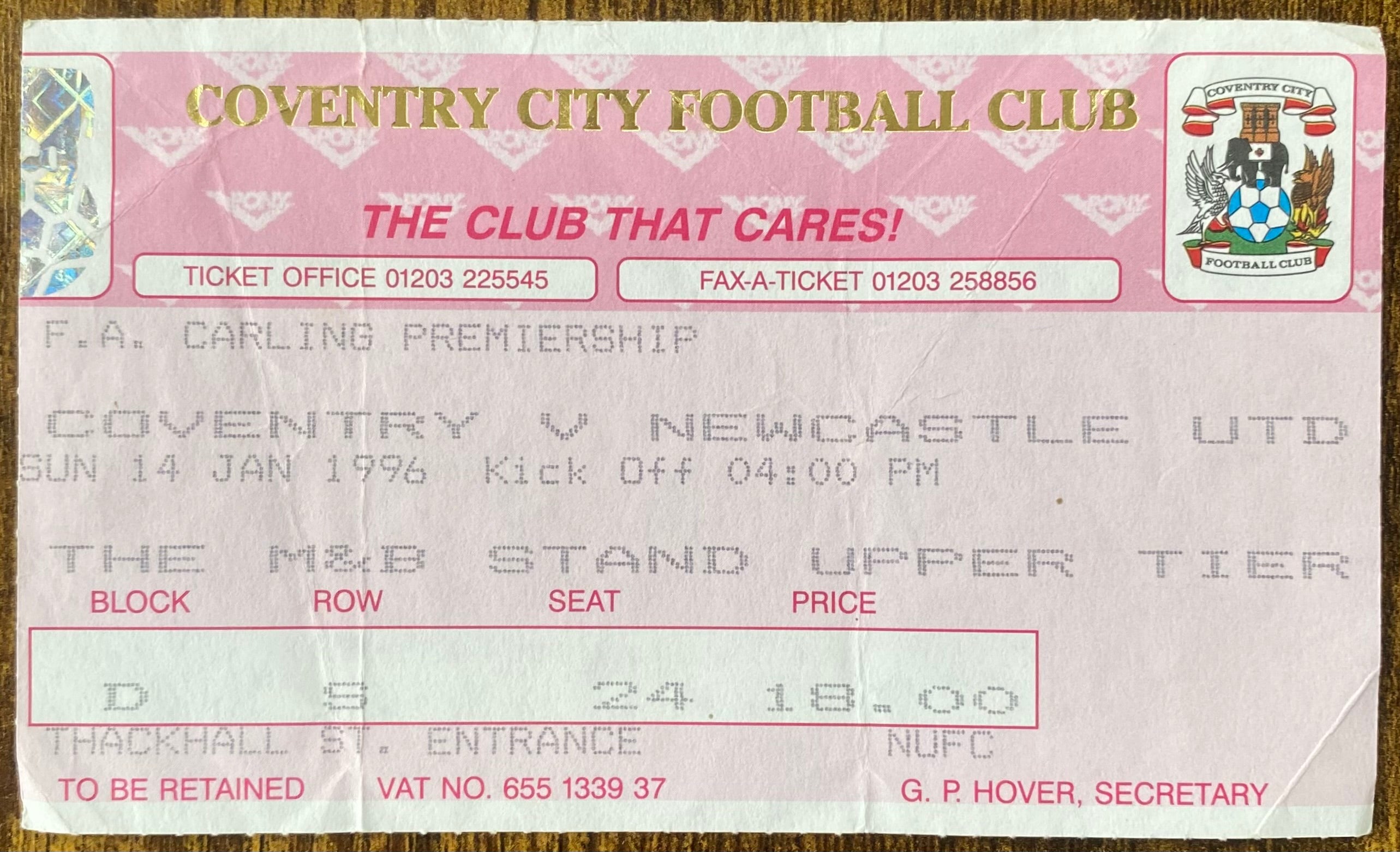 1995/96 ORIGINAL FA PREMIERSHIP TICKET COVENTRY CITY V NEWCASTLE UNITED