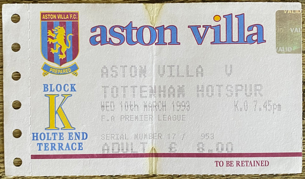 1992/93 ORIGINAL PREMIER LEAGUE TICKET ASTON VILLA V TOTTENHAM HOTSPUR