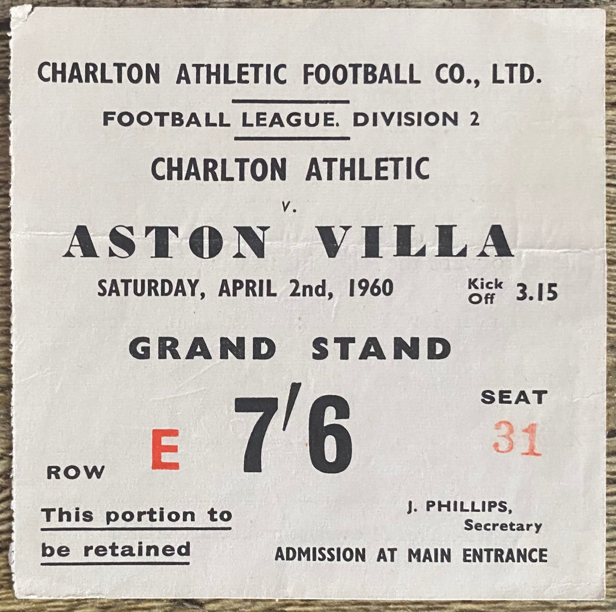 1959/60 ORIGINAL DIVISION 2 TICKET CHARLTON ATHLETIC V ASTON VILLA