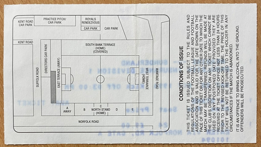 1994/95 ORIGINAL DIVISION 1 TICKET READING V SUNDERLAND