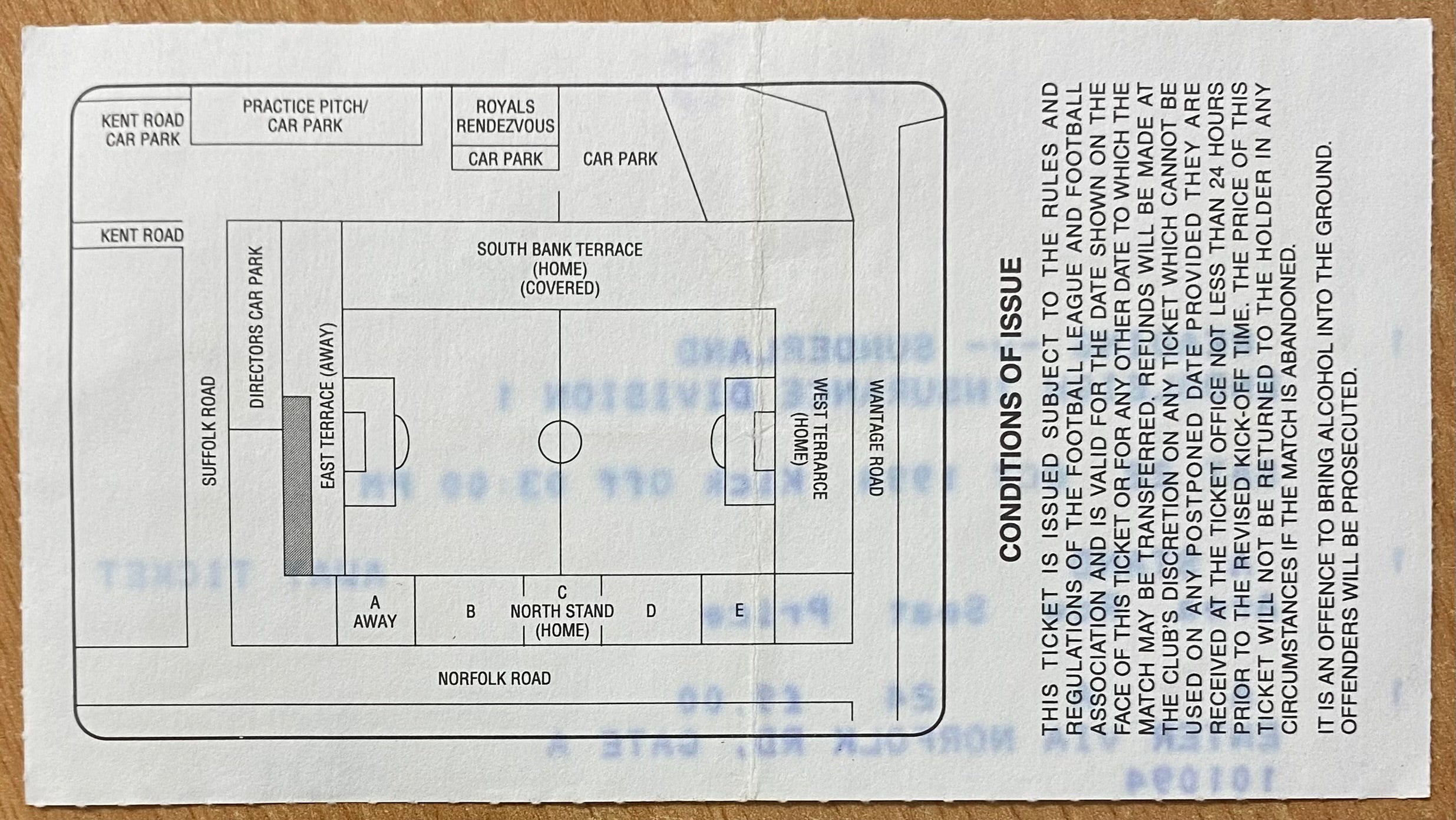 1994/95 ORIGINAL DIVISION 1 TICKET READING V SUNDERLAND