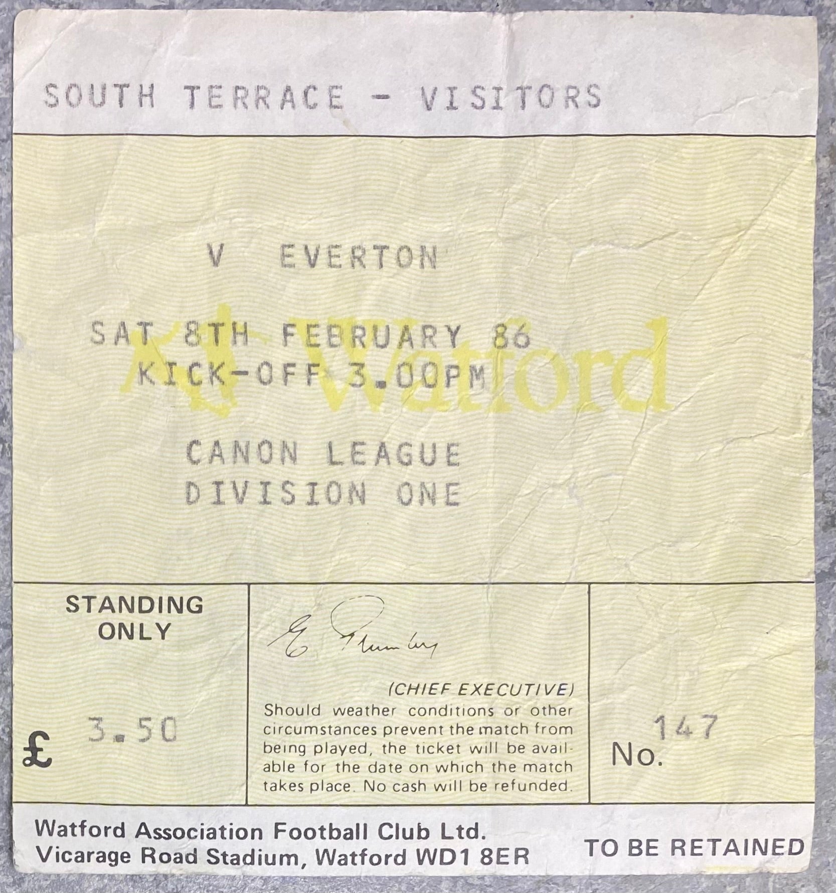 1985/86 ORIGINAL DIVISION ONE TICKET WATFORD V EVERTON