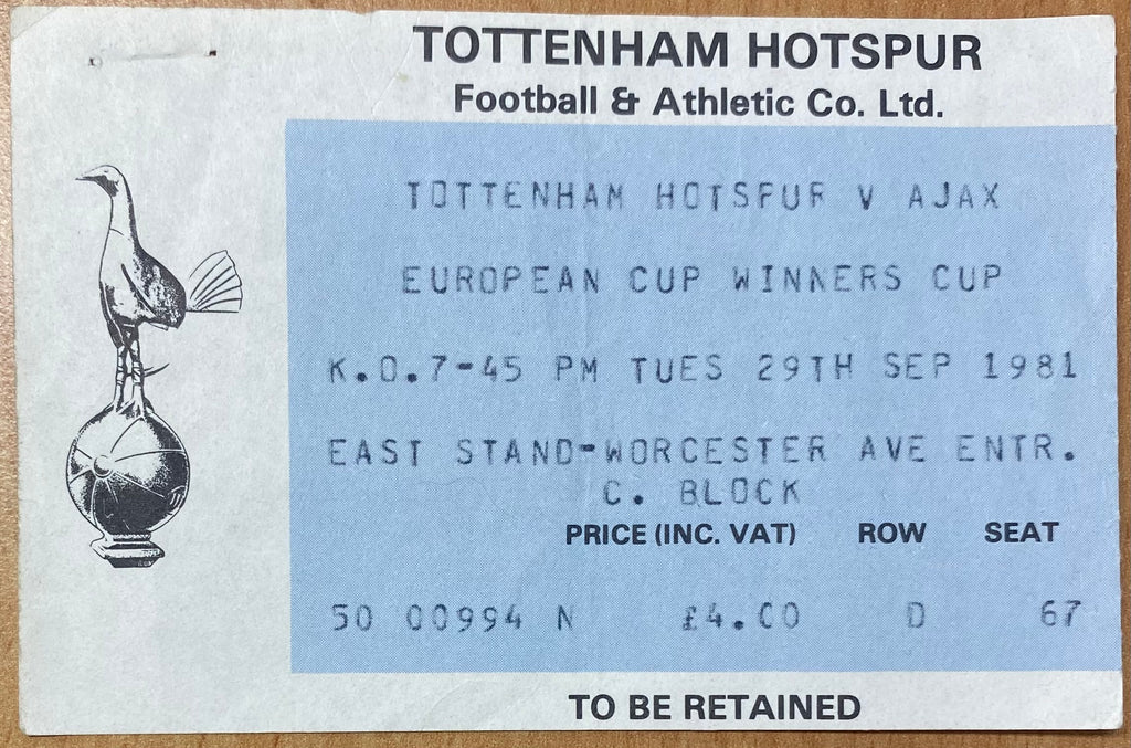1981/82 ORIGINAL EUROPEAN CUP WINNERS CUP 1ST ROUND 2ND LEG TICKET TOTTENHAM HOTSPUR V AJAX AMSTERDAM