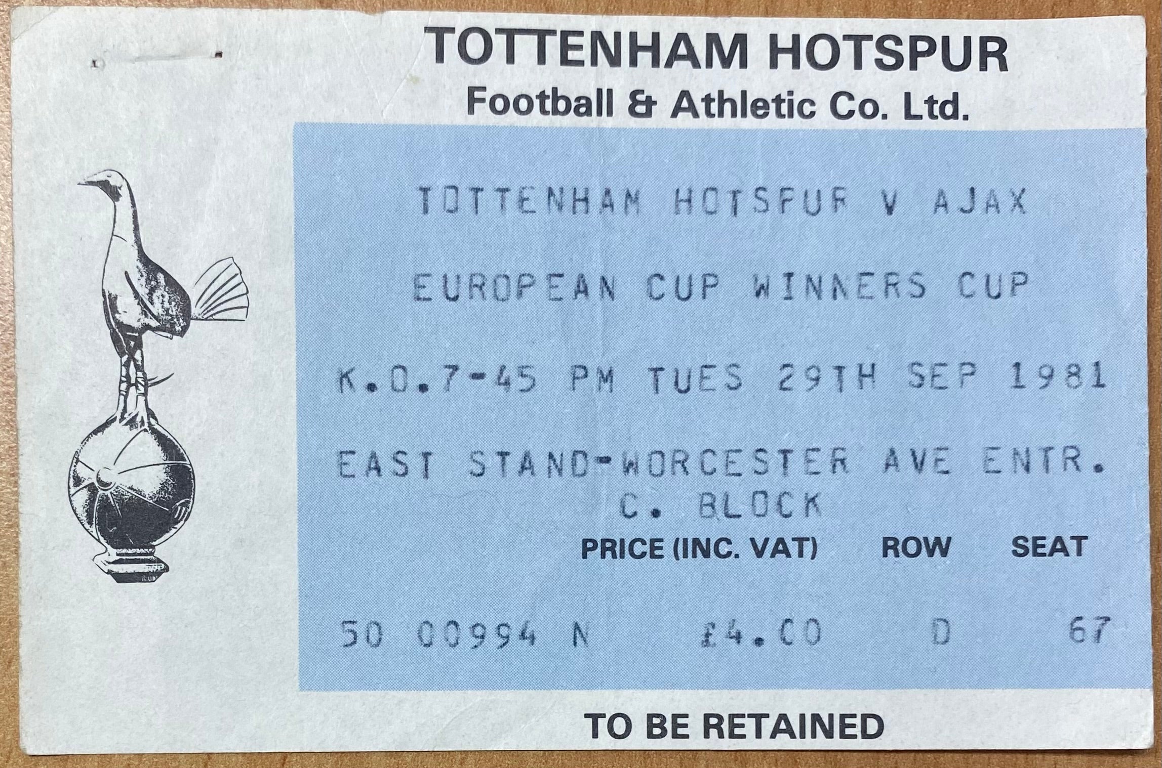 1981/82 ORIGINAL EUROPEAN CUP WINNERS CUP 1ST ROUND 2ND LEG TICKET TOTTENHAM HOTSPUR V AJAX AMSTERDAM