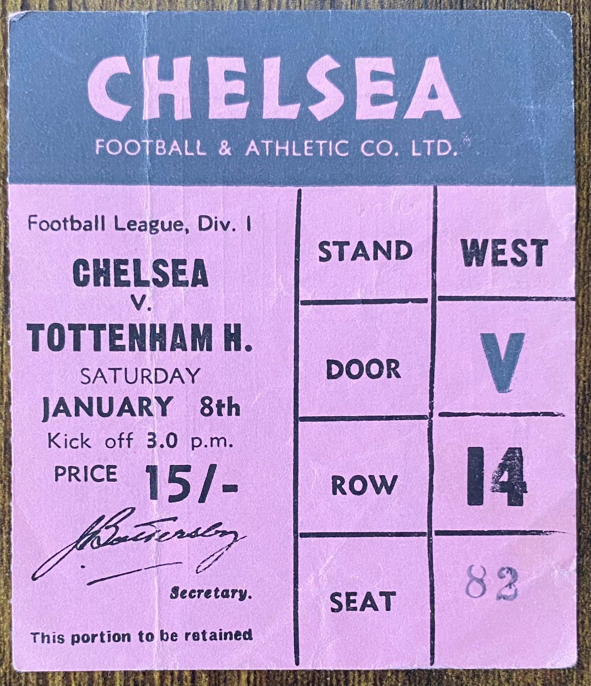1965/66 ORIGINAL  DIVISION 1 TICKET CHELSEA V TOTTENHAM HOTSPUR