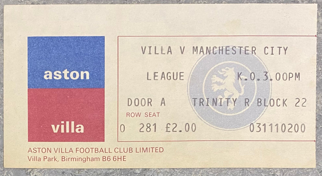 1977/78 ORIGINAL DIVISION ONE TICKET ASTON VILLA V MANCHESTER CITY