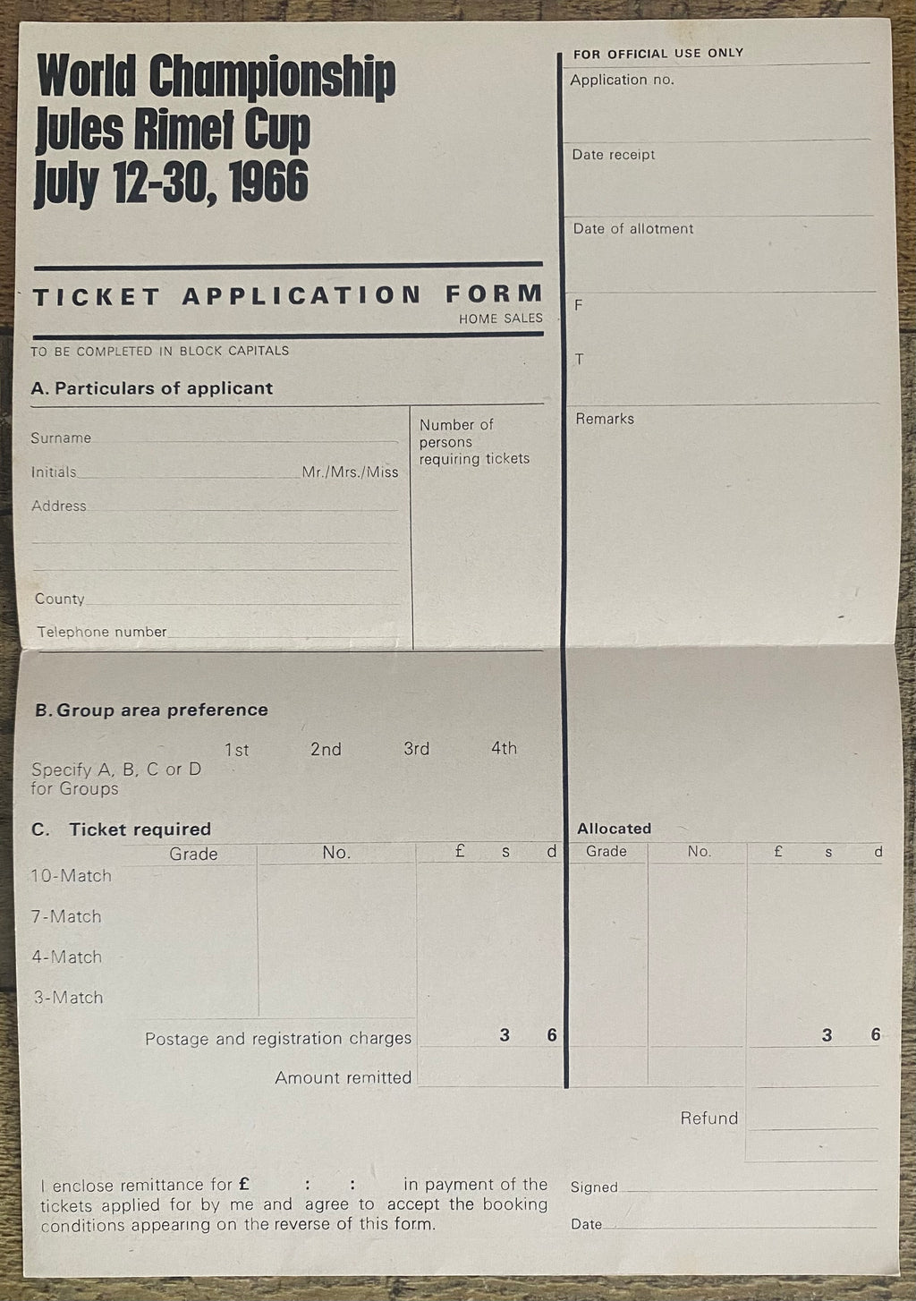 1966 WORLD CUP ORIGINAL OFFICIAL TICKET APPLICATION FORM
