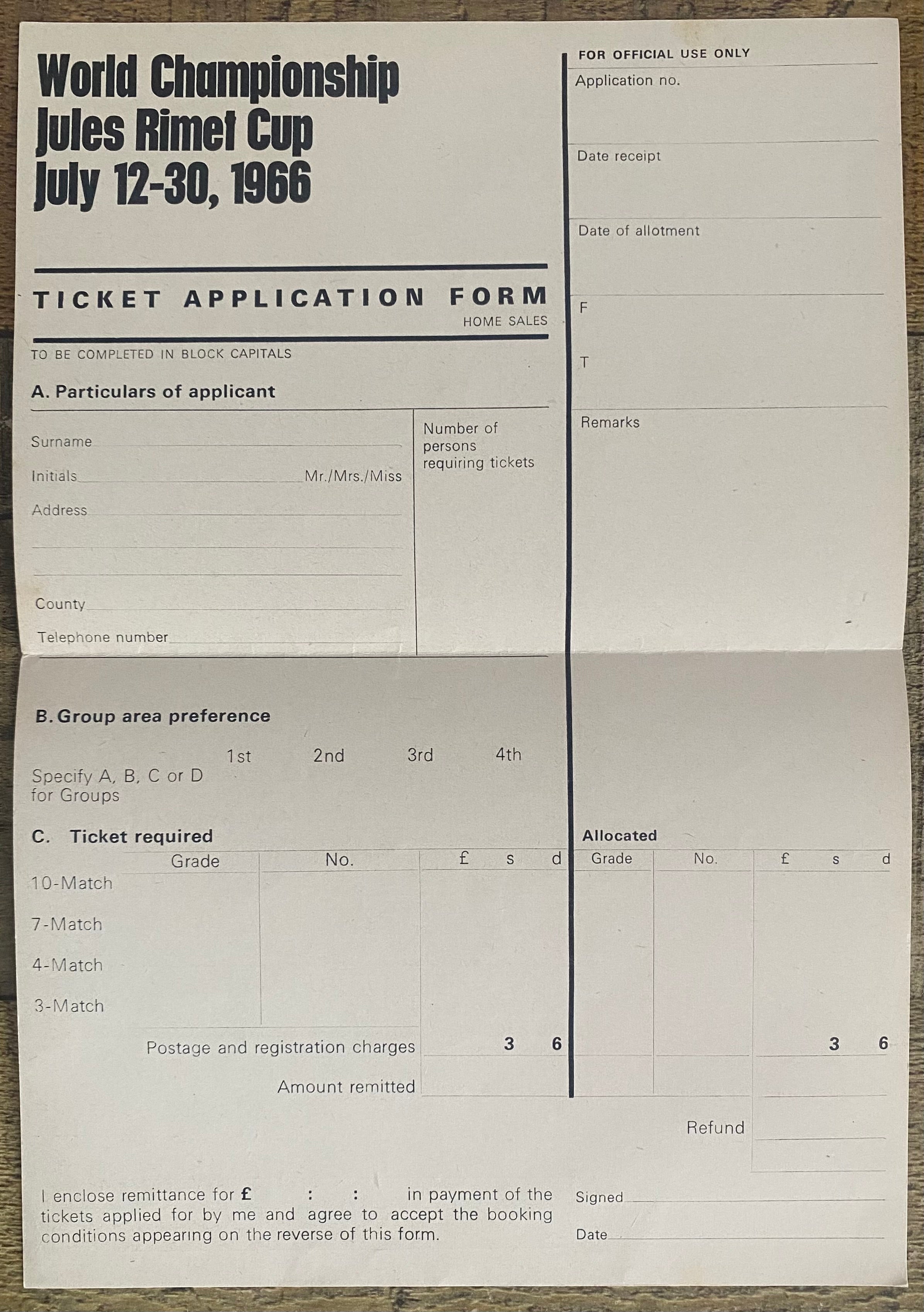 1966 WORLD CUP ORIGINAL OFFICIAL TICKET APPLICATION FORM
