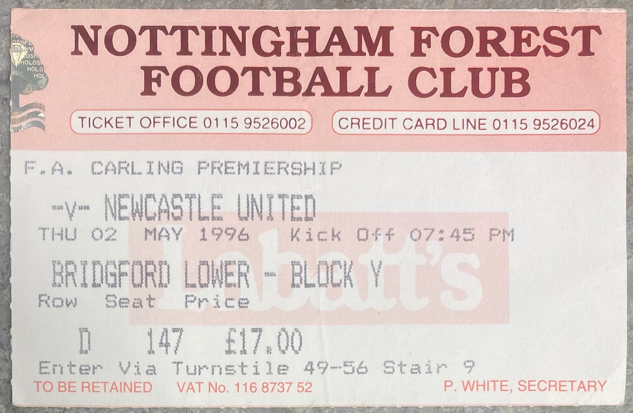1995/96 ORIGINAL FA PREMIERSHIP TICKET NOTTINGHAM FOREST V NEWCASTLE UNITED