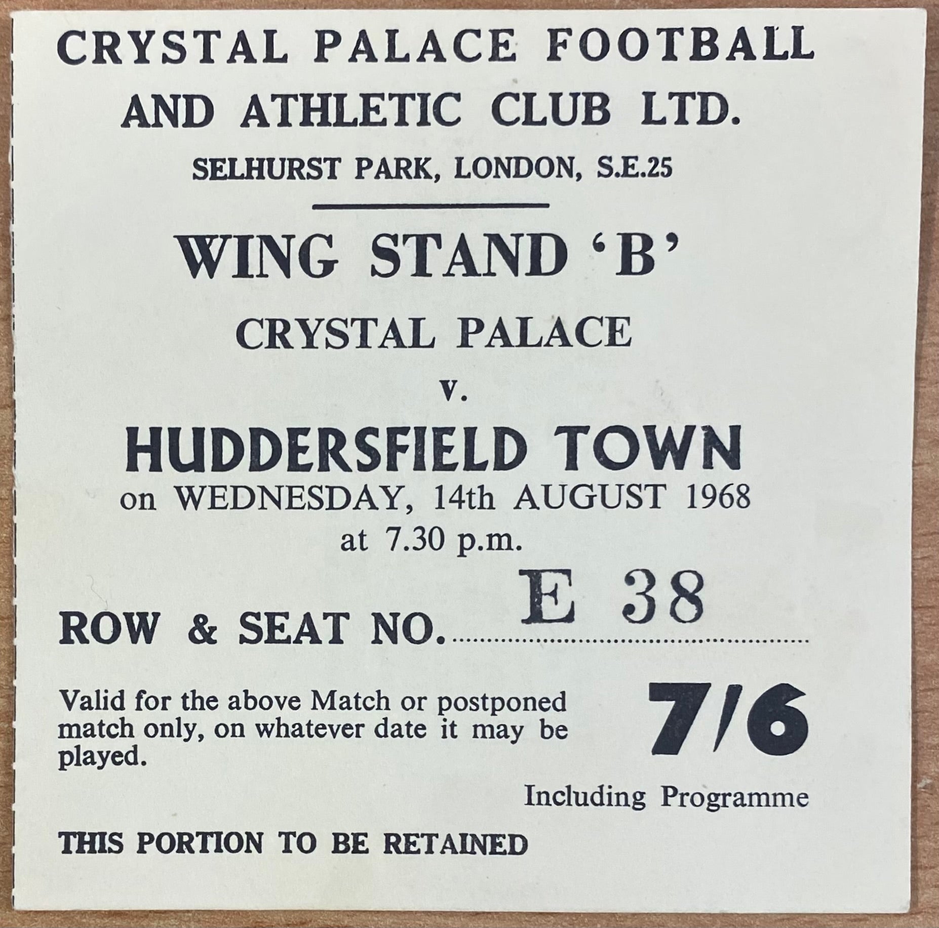 1968/69 ORIGINAL DIVISION 2 TICKET CRYSTAL PALACE V HUDDERSFIELD TOWN