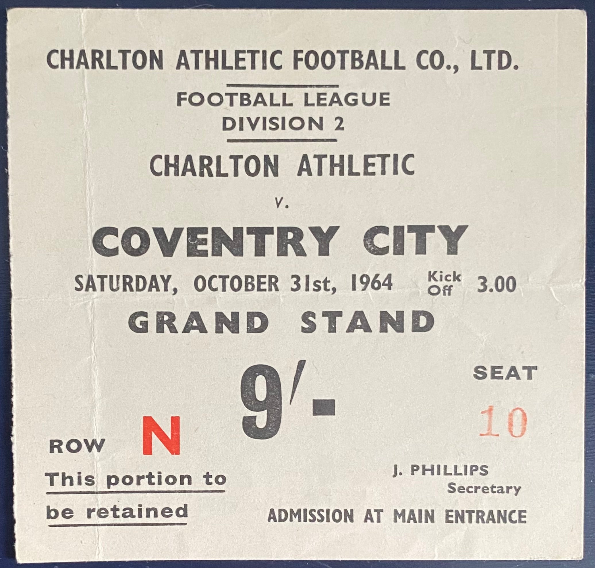 1964/65 ORIGINAL DIVISION 2 TICKET CHARLTON ATHLETIC V COVENTRY CITY