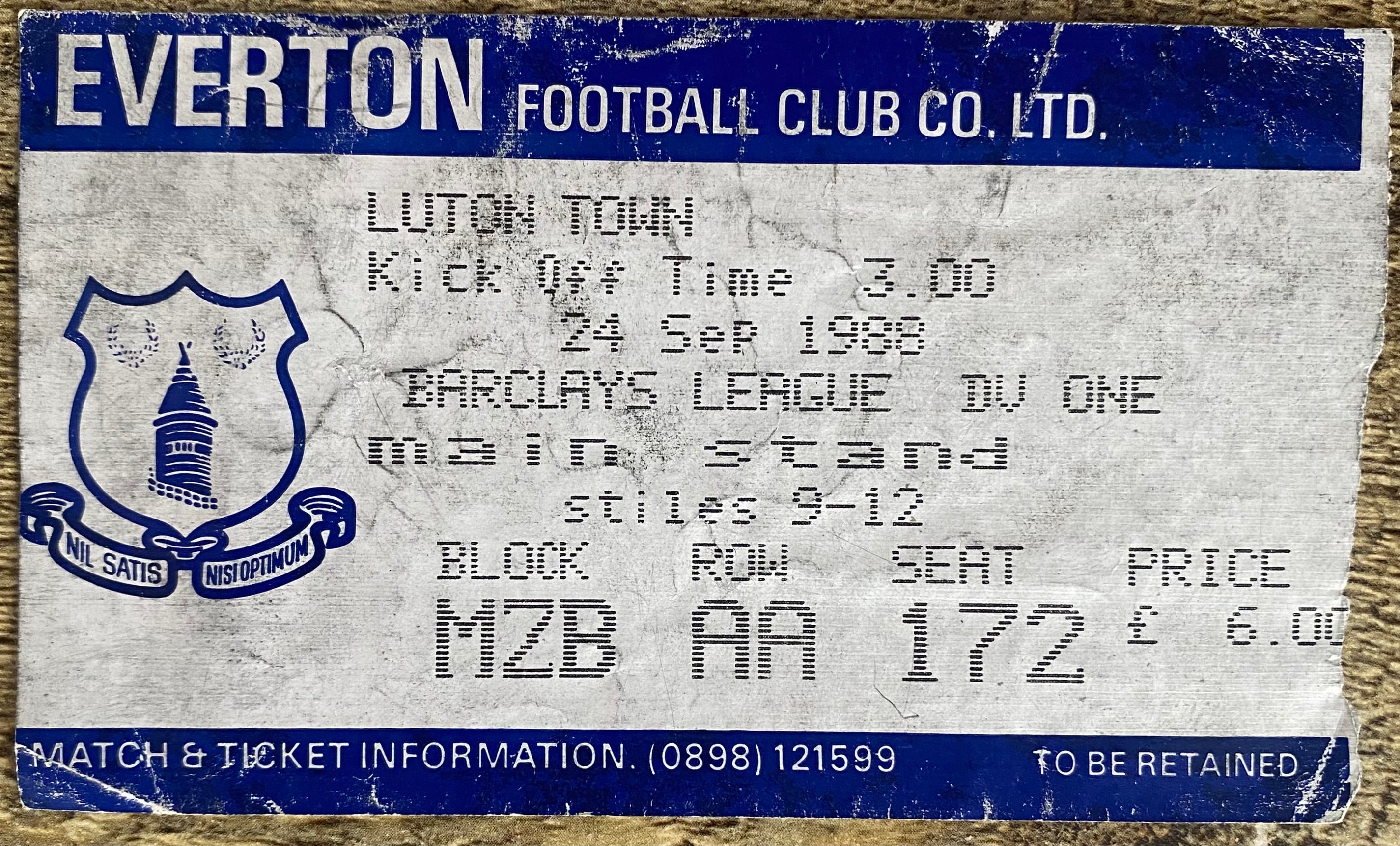 1988/89 ORIGINAL DIVISION ONE TICKET EVERTON V LUTON TOWN