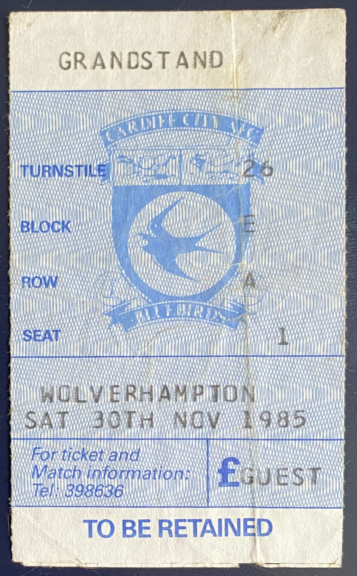 1985/86 ORIGINAL DIVISION 3 TICKET CARDIFF CITY V WOLVERHAMPTON WANDERERS