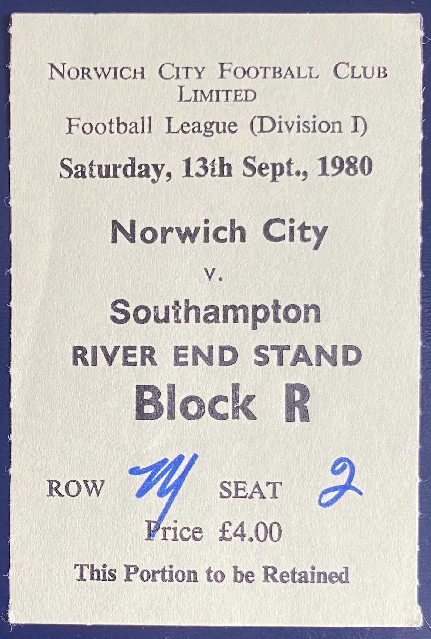 1980/81 ORIGINAL DIVISION 1 TICKET NORWICH CITY V SOUTHAMPTON