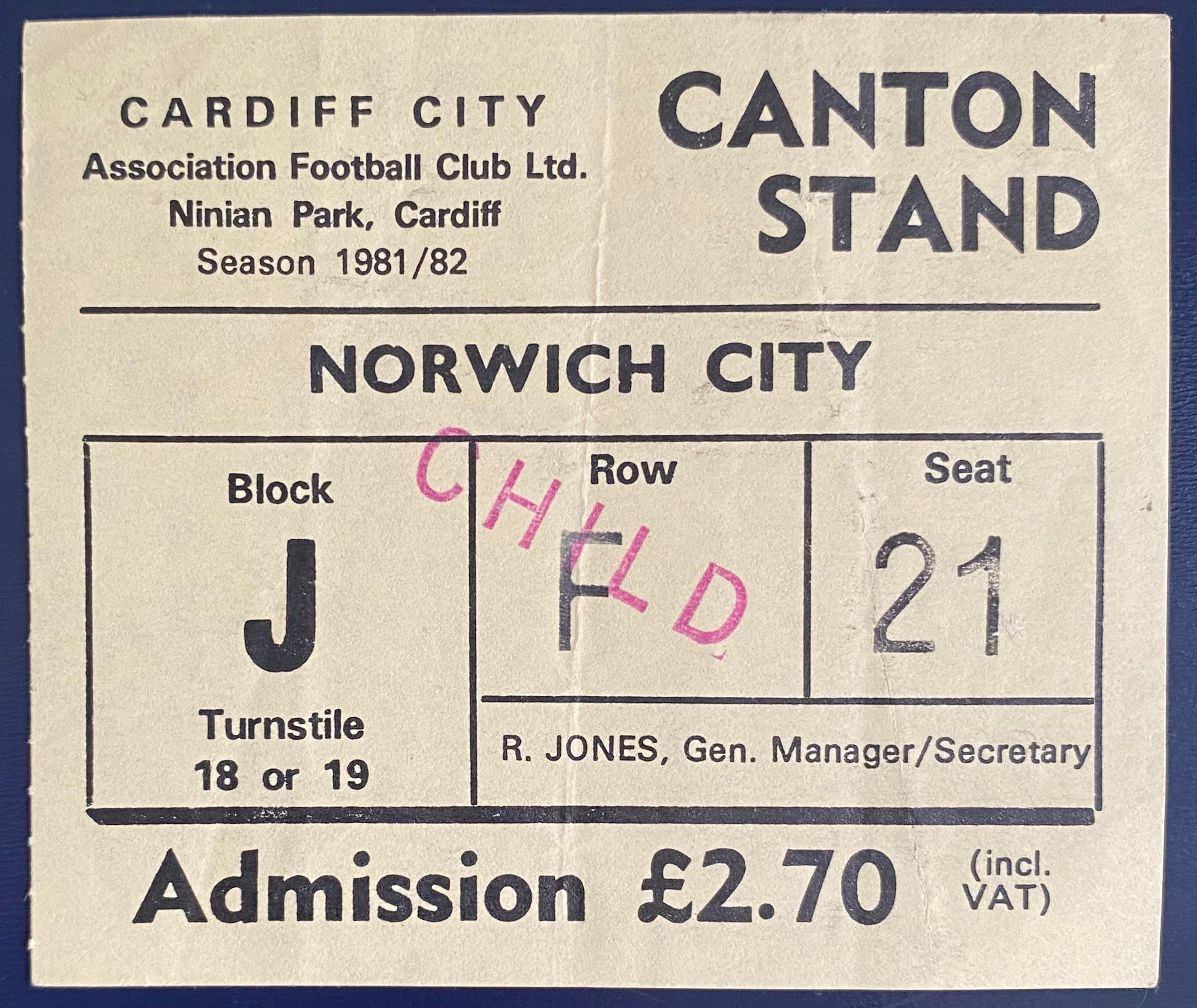 1981/82 ORIGINAL DIVISION 2 TICKET CARDIFF CITY V NORWICH CITY