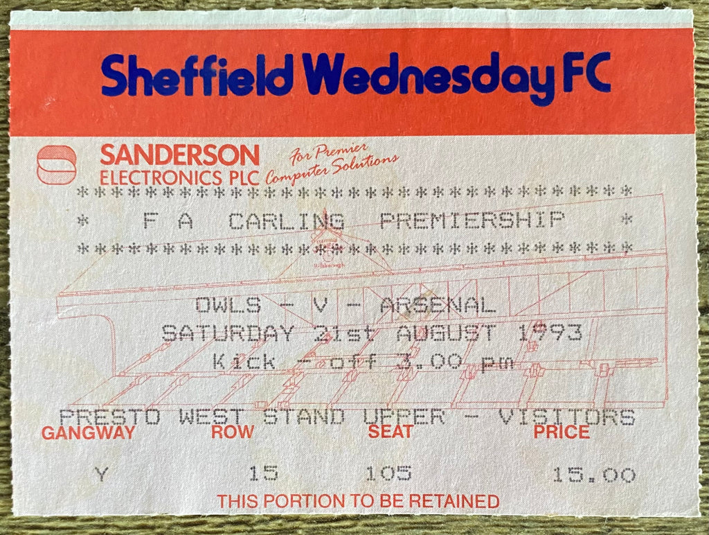 1993/94 ORIGINAL FA PREMIERSHIP TICKET SHEFFIELD WEDNESDAY V ARSENAL