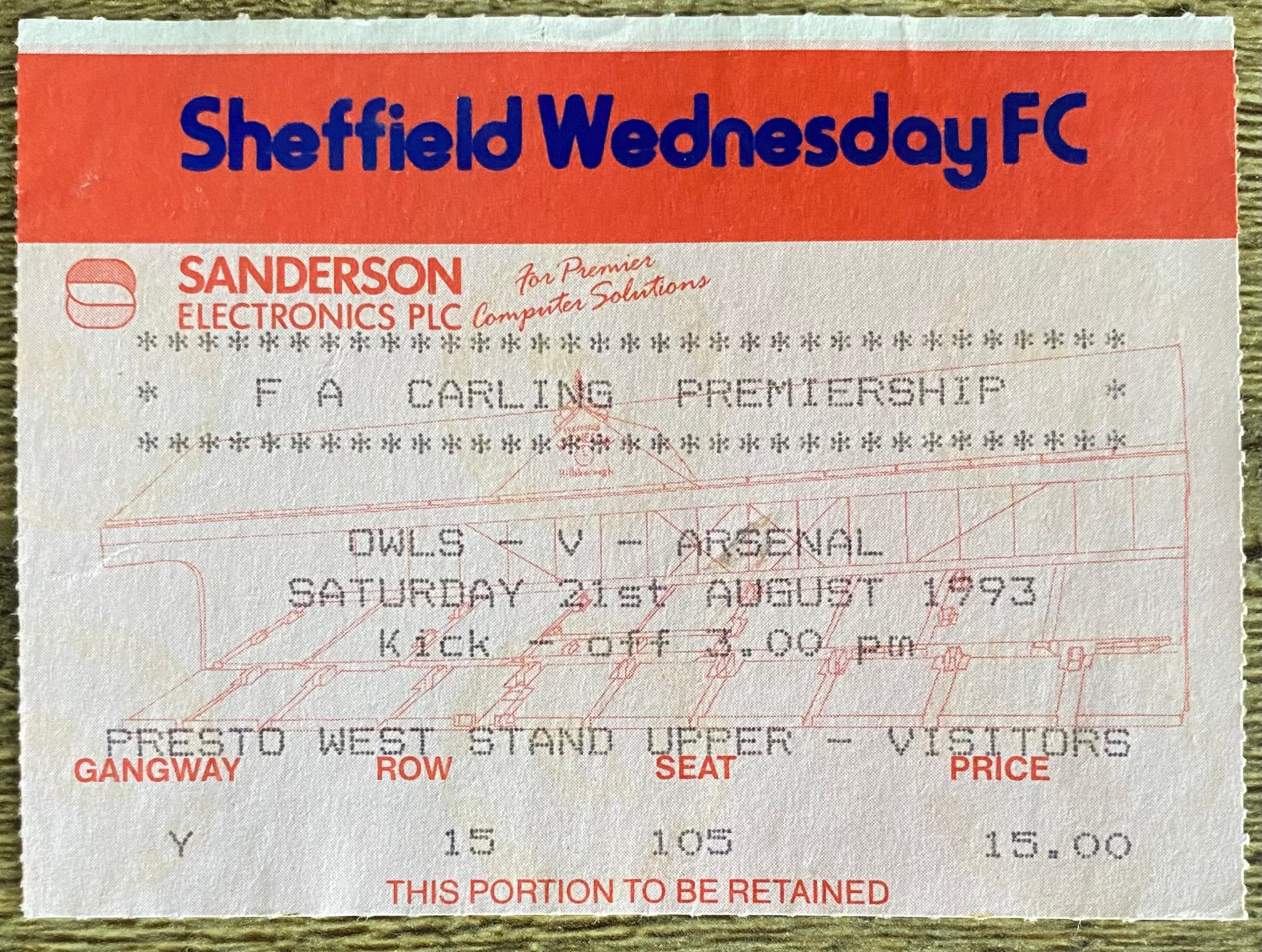 1993/94 ORIGINAL FA PREMIERSHIP TICKET SHEFFIELD WEDNESDAY V ARSENAL