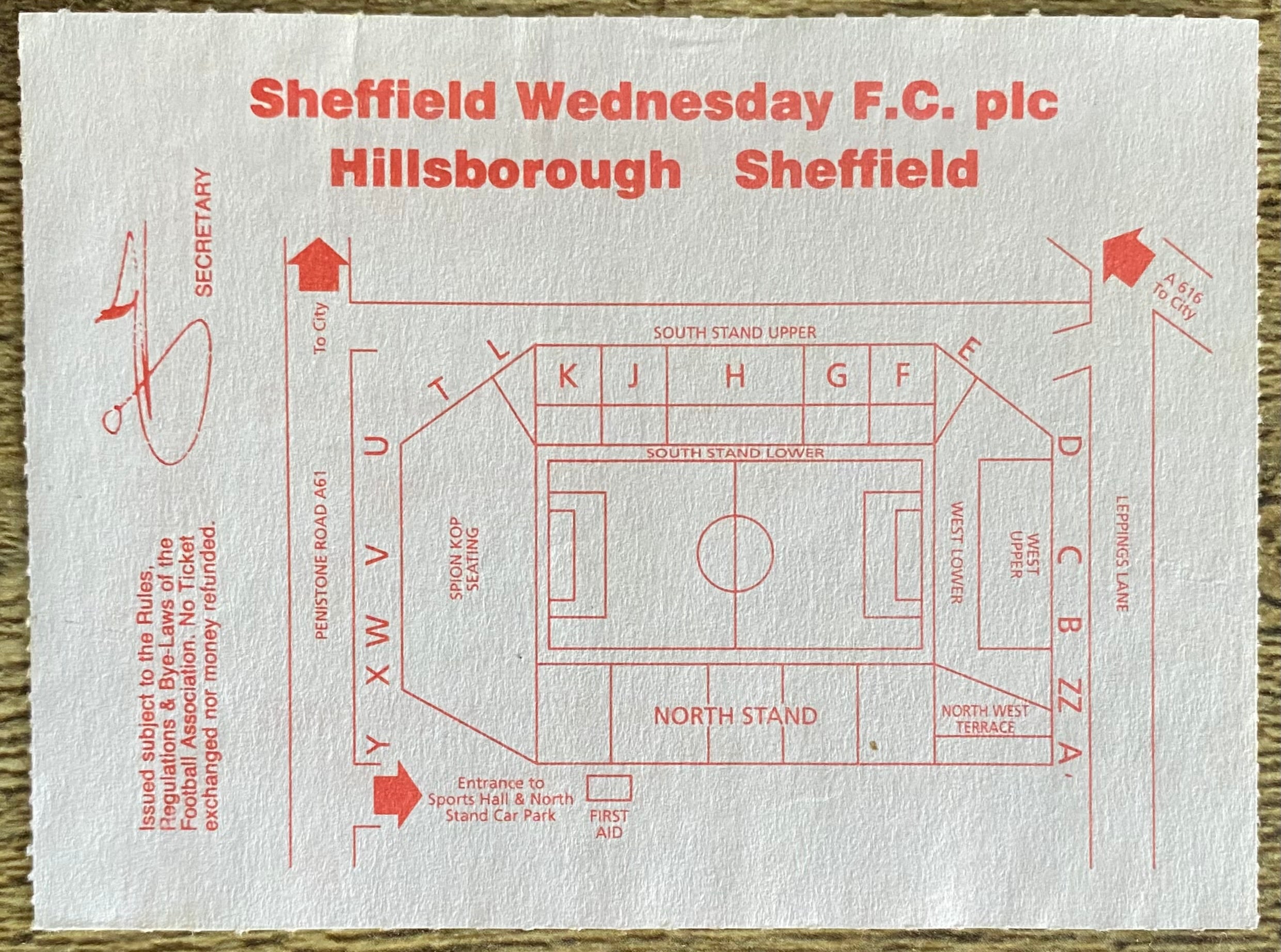 1993/94 ORIGINAL FA PREMIERSHIP TICKET SHEFFIELD WEDNESDAY V ARSENAL