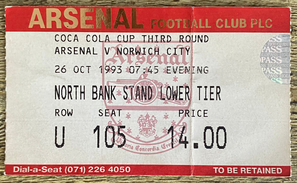 1993/94 ORIGINAL COCA COLA CUP 3RD ROUND  TICKET ARSENAL V NORWICH CITY