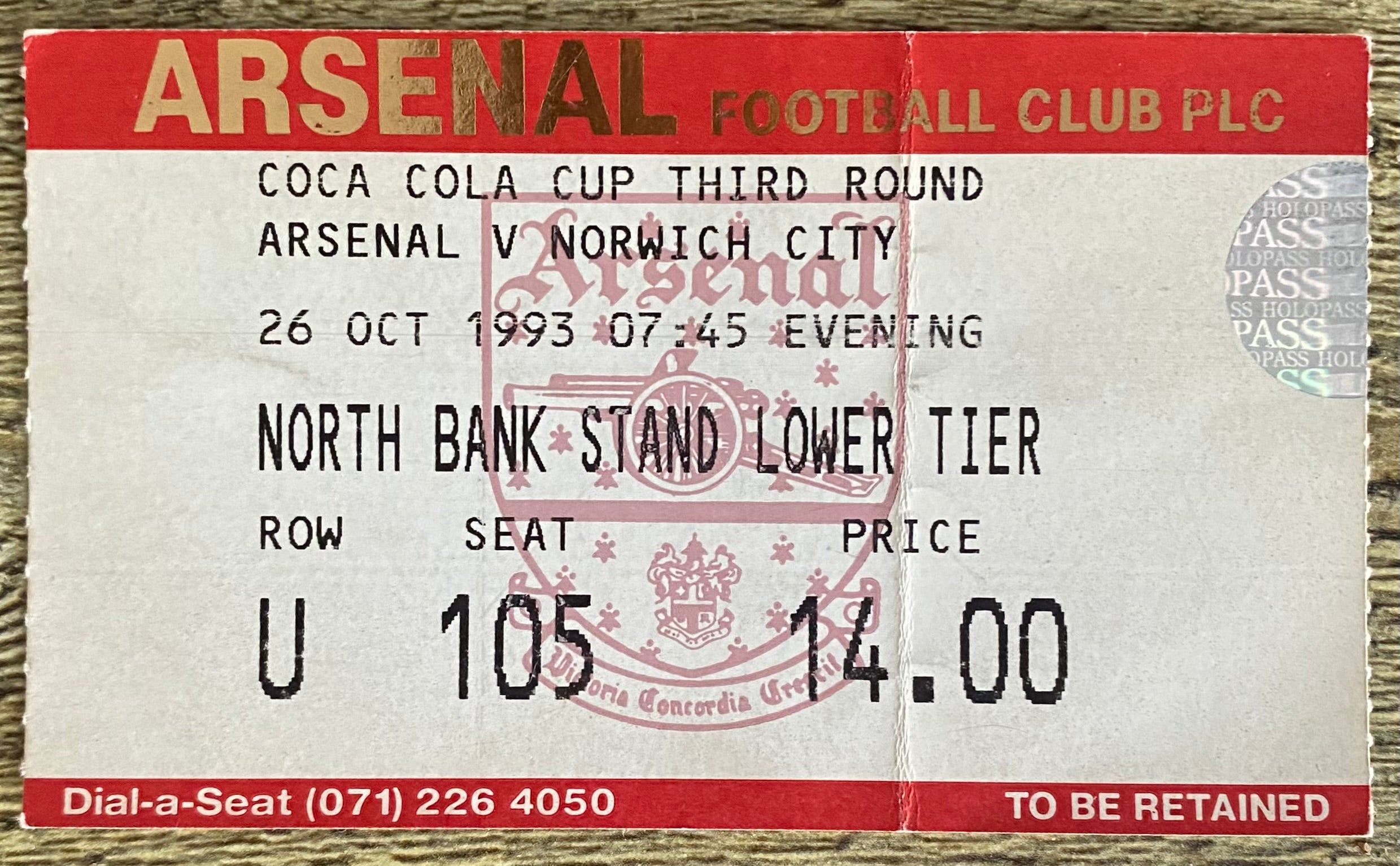 1993/94 ORIGINAL COCA COLA CUP 3RD ROUND  TICKET ARSENAL V NORWICH CITY