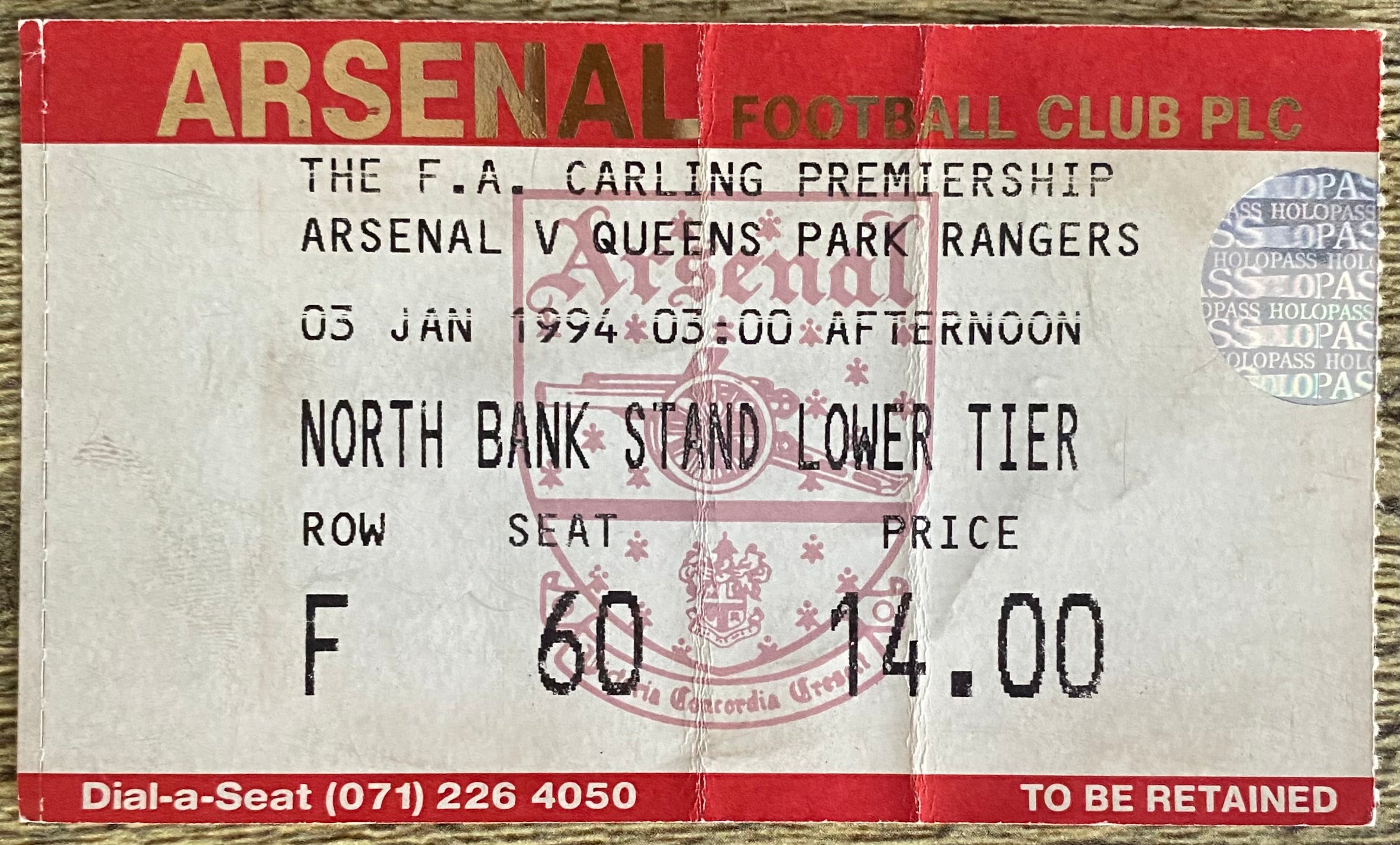 1993/94 ORIGINAL FA PREMIERSHIP TICKET ARSENAL V QUEENS PARK RANGERS