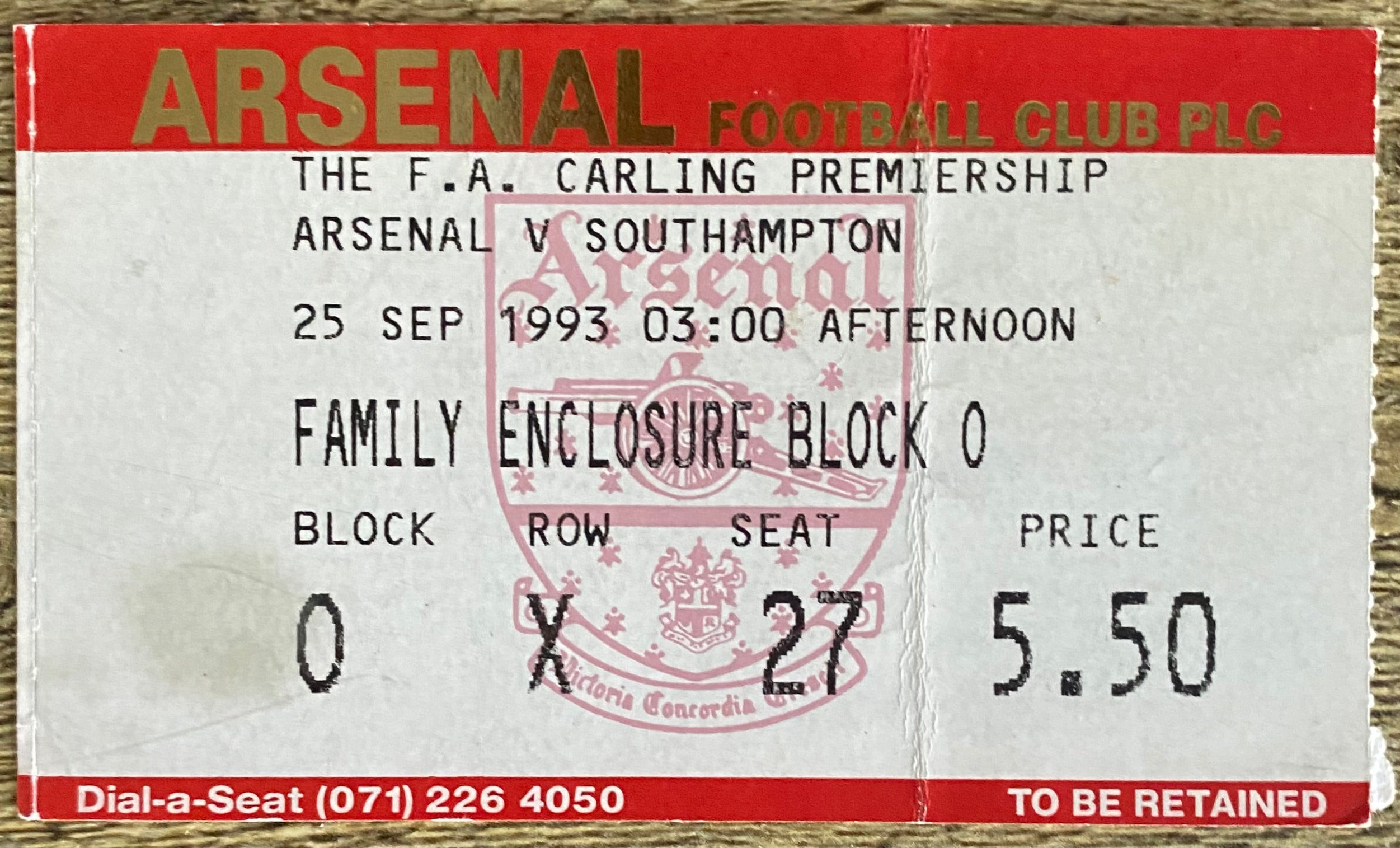 1993/94 ORIGINAL FA PREMIERSHIP TICKET ARSENAL V SOUTHAMPTON