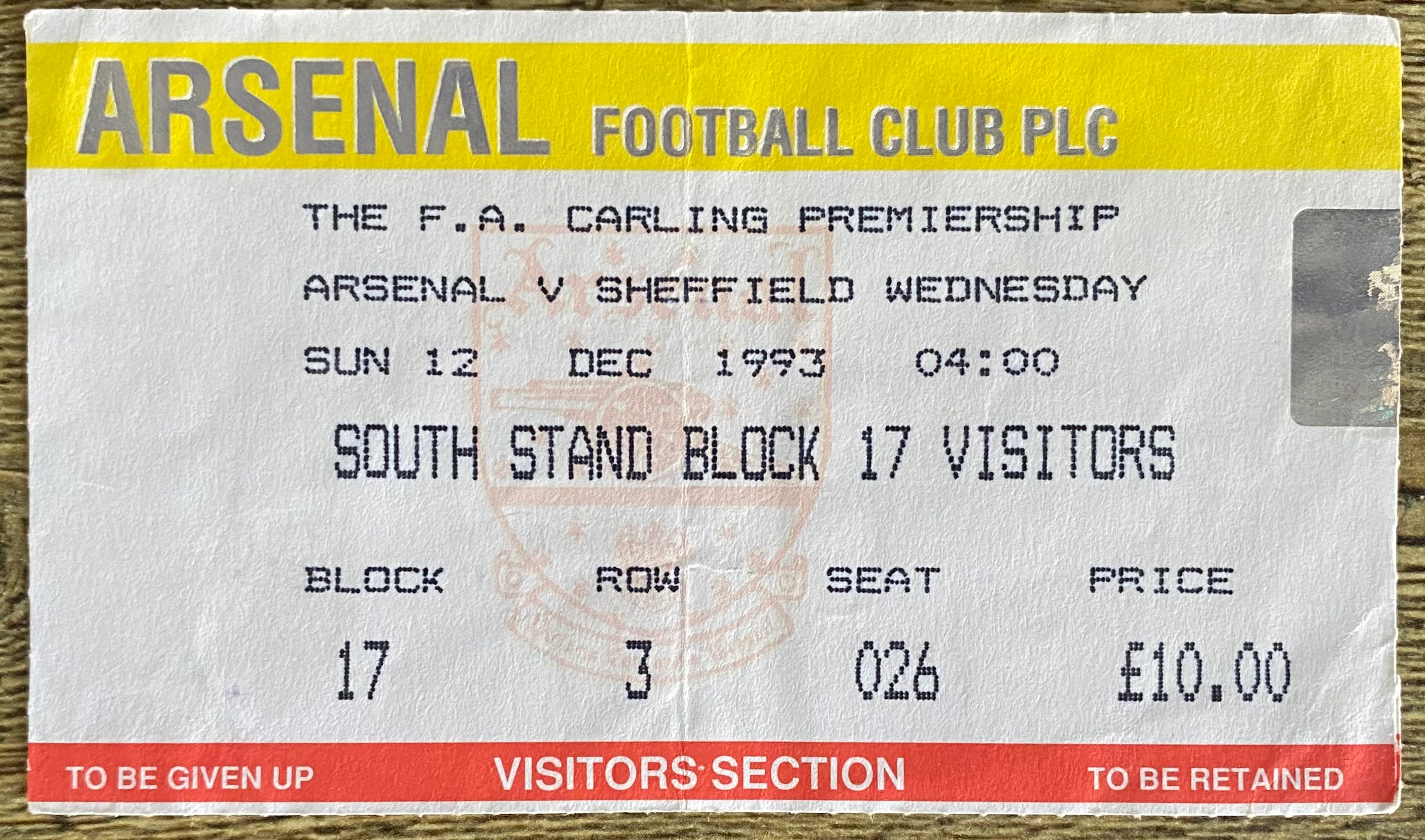 1993/94 ORIGINAL FA PREMIERSHIP TICKET ARSENAL V SHEFFIELD WEDNESDAY