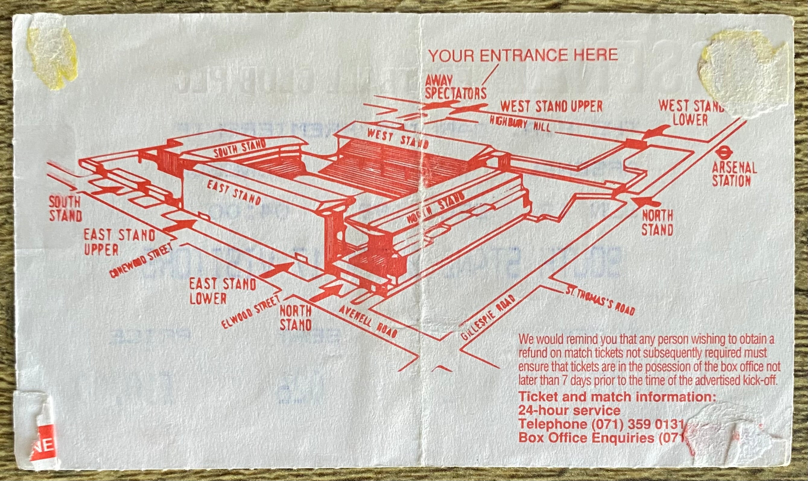 1993/94 ORIGINAL FA PREMIERSHIP TICKET ARSENAL V SHEFFIELD WEDNESDAY
