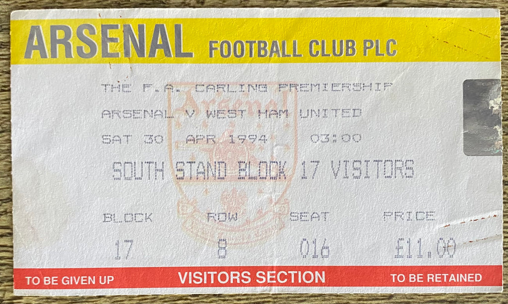 1993/94 ORIGINAL FA PREMIERSHIP TICKET ARSENAL V WEST HAM UNITED
