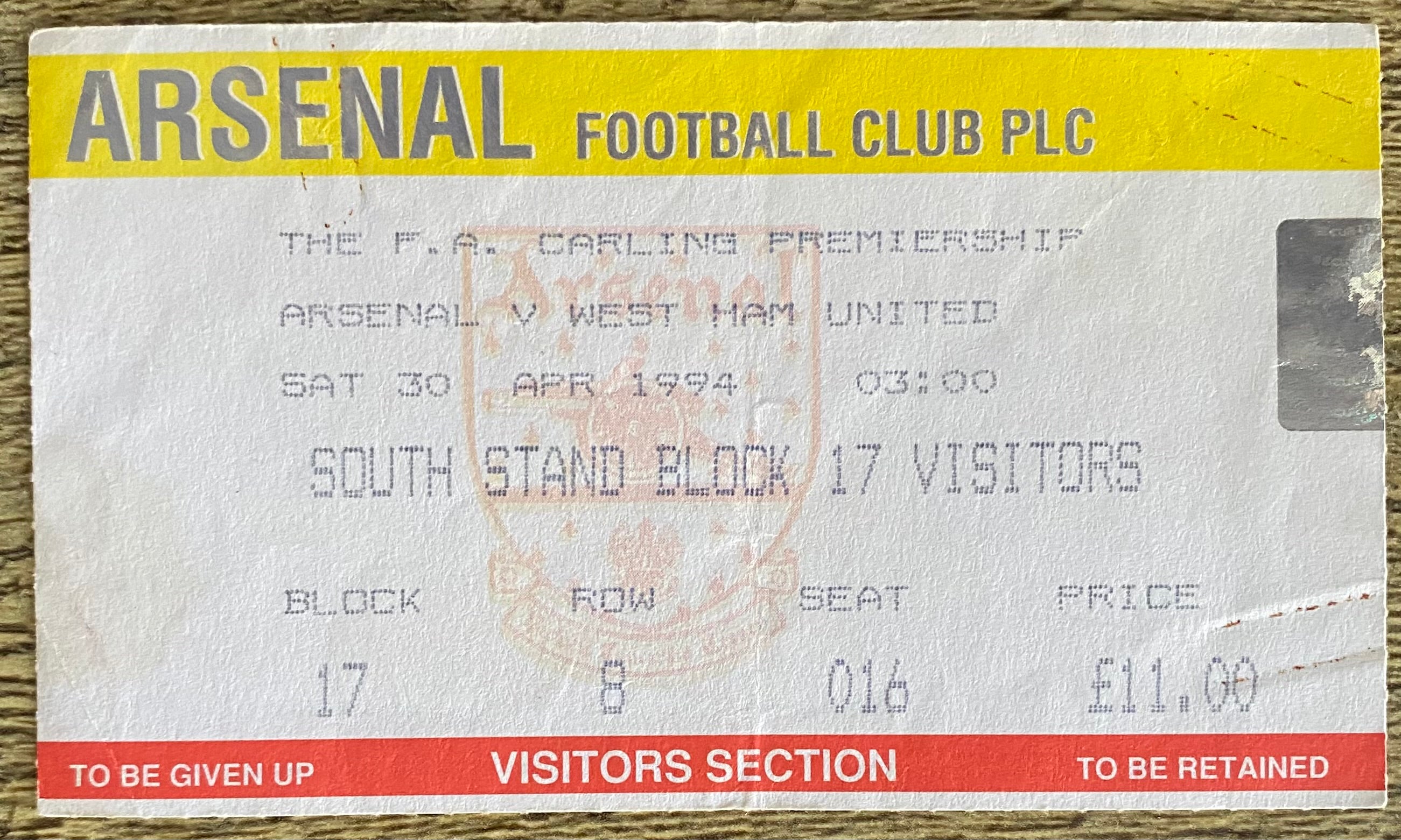 1993/94 ORIGINAL FA PREMIERSHIP TICKET ARSENAL V WEST HAM UNITED