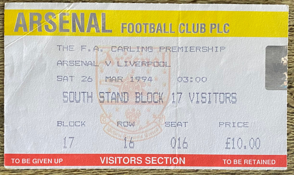1993/94 ORIGINAL FA PREMIERSHIP TICKET ARSENAL V LIVERPOOL