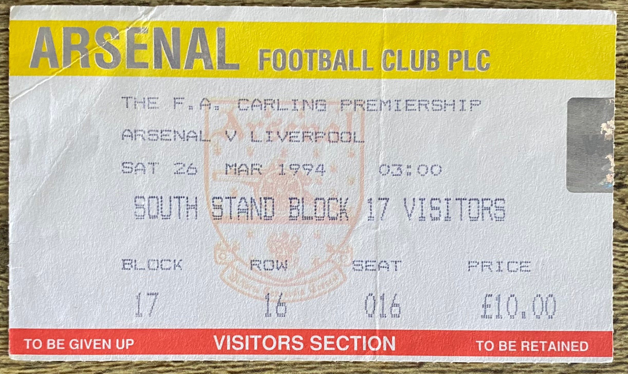 1993/94 ORIGINAL FA PREMIERSHIP TICKET ARSENAL V LIVERPOOL