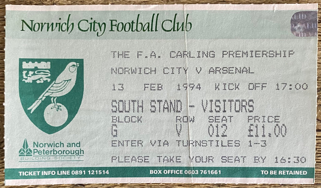 1993/94 ORIGINAL FA PREMIERSHIP TICKET NORWICH CITY V ARSENAL