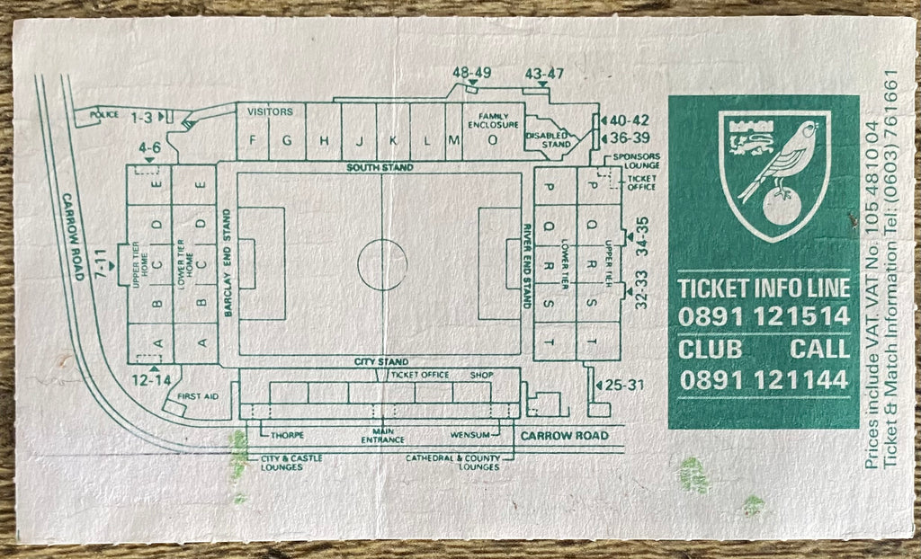 1993/94 ORIGINAL FA PREMIERSHIP TICKET NORWICH CITY V ARSENAL