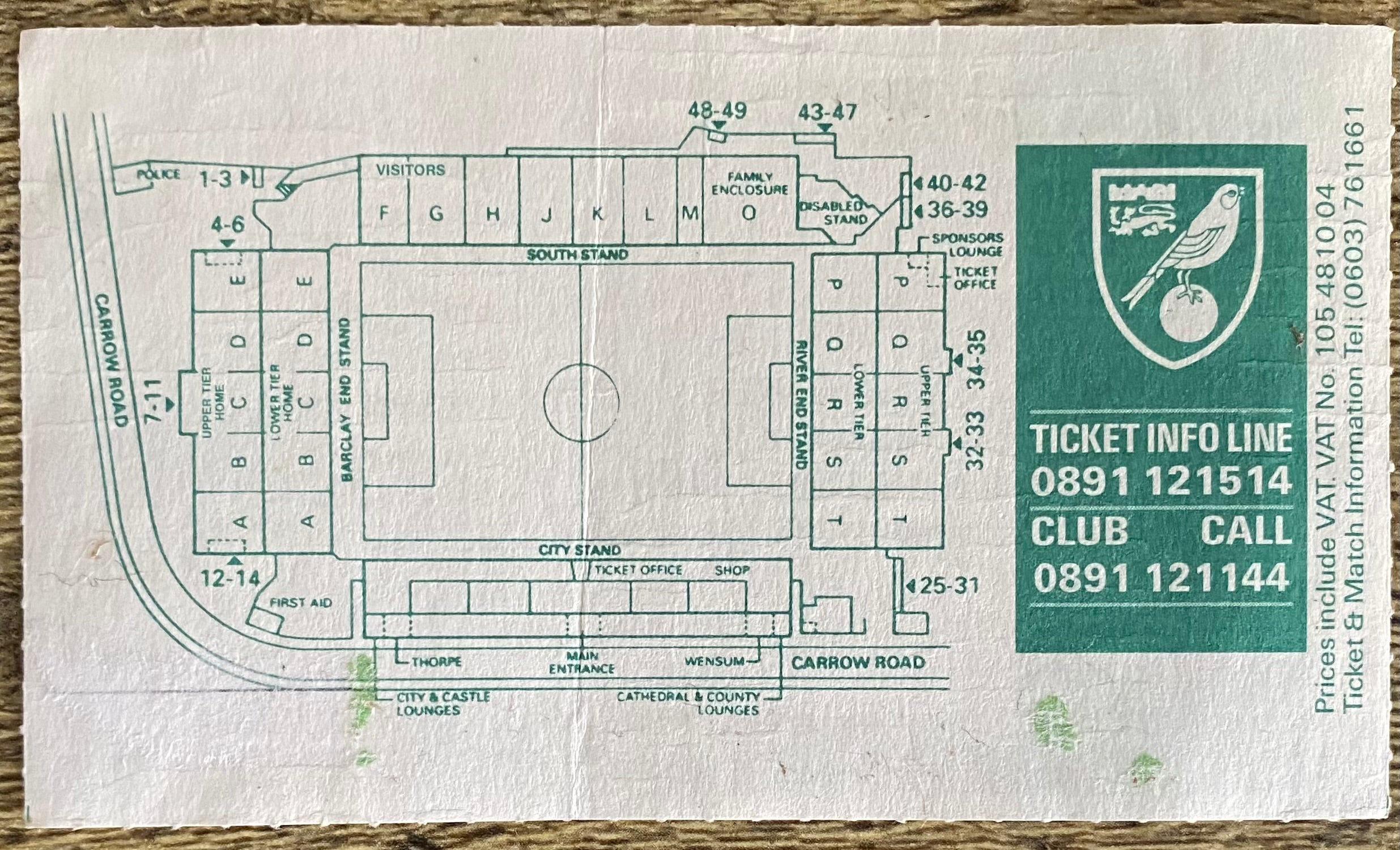 1993/94 ORIGINAL FA PREMIERSHIP TICKET NORWICH CITY V ARSENAL