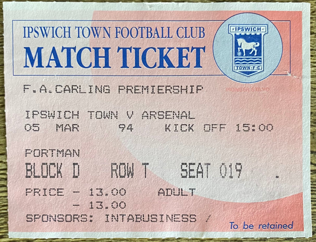 1993/94 ORIGINAL FA PREMIERSHIP TICKET IPSWICH TOWN V ARSENAL
